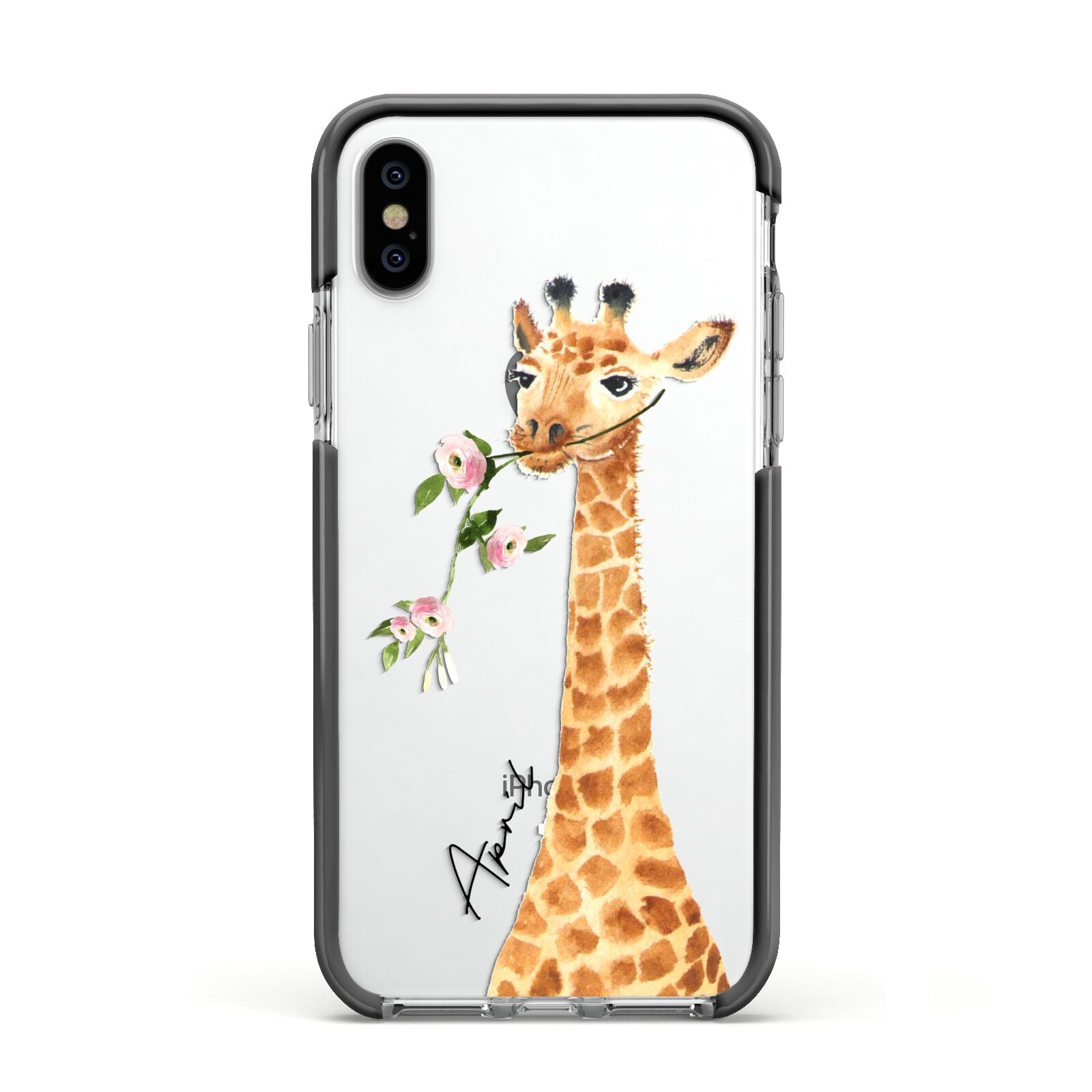 Personalised Giraffe with Name Apple iPhone Xs Impact Case Black Edge on Silver Phone