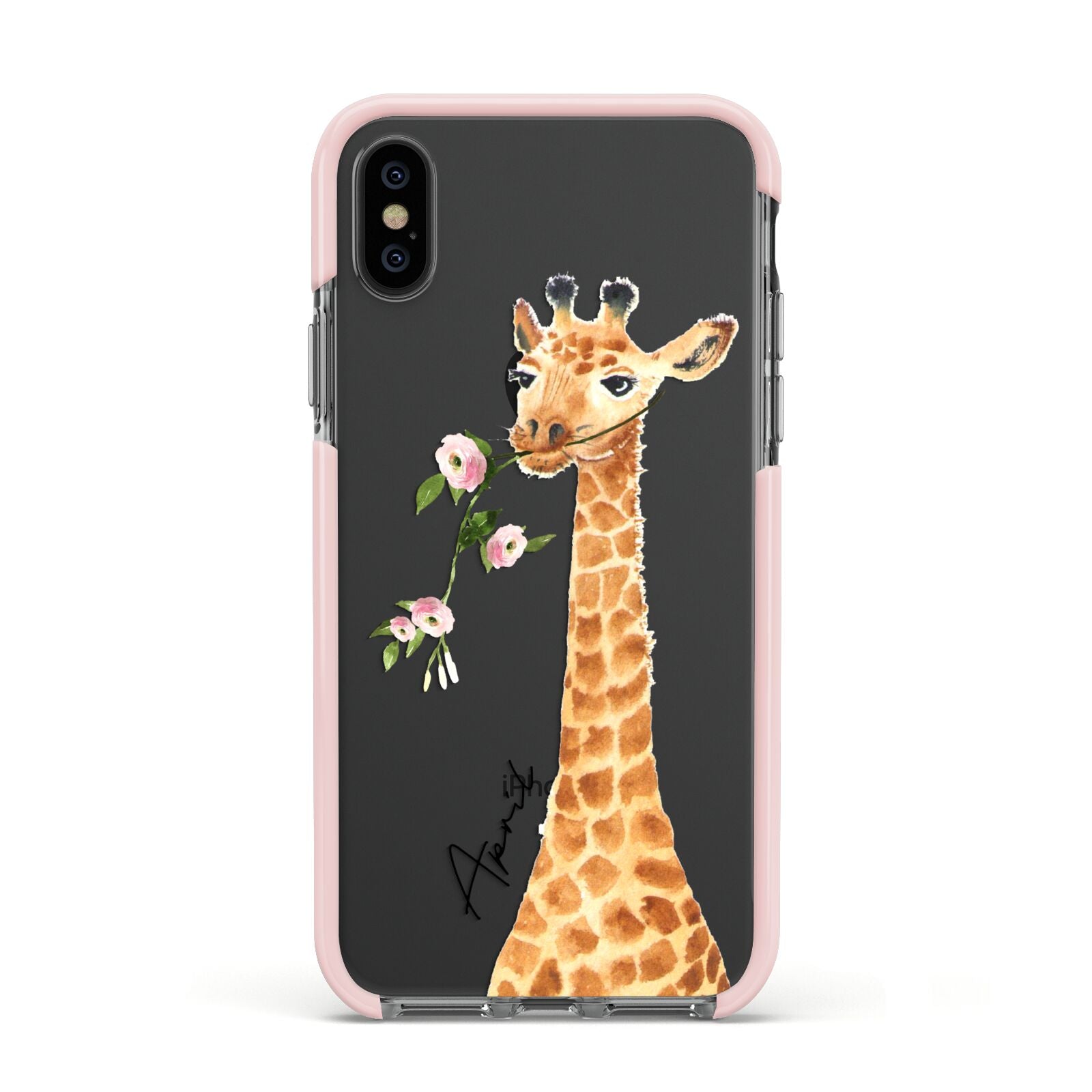 Personalised Giraffe with Name Apple iPhone Xs Impact Case Pink Edge on Black Phone