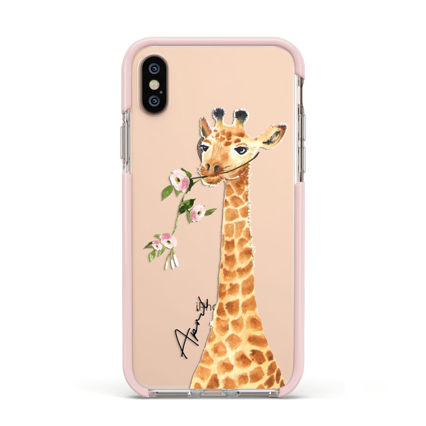 Personalised Giraffe with Name Apple iPhone Xs Impact Case Pink Edge on Gold Phone