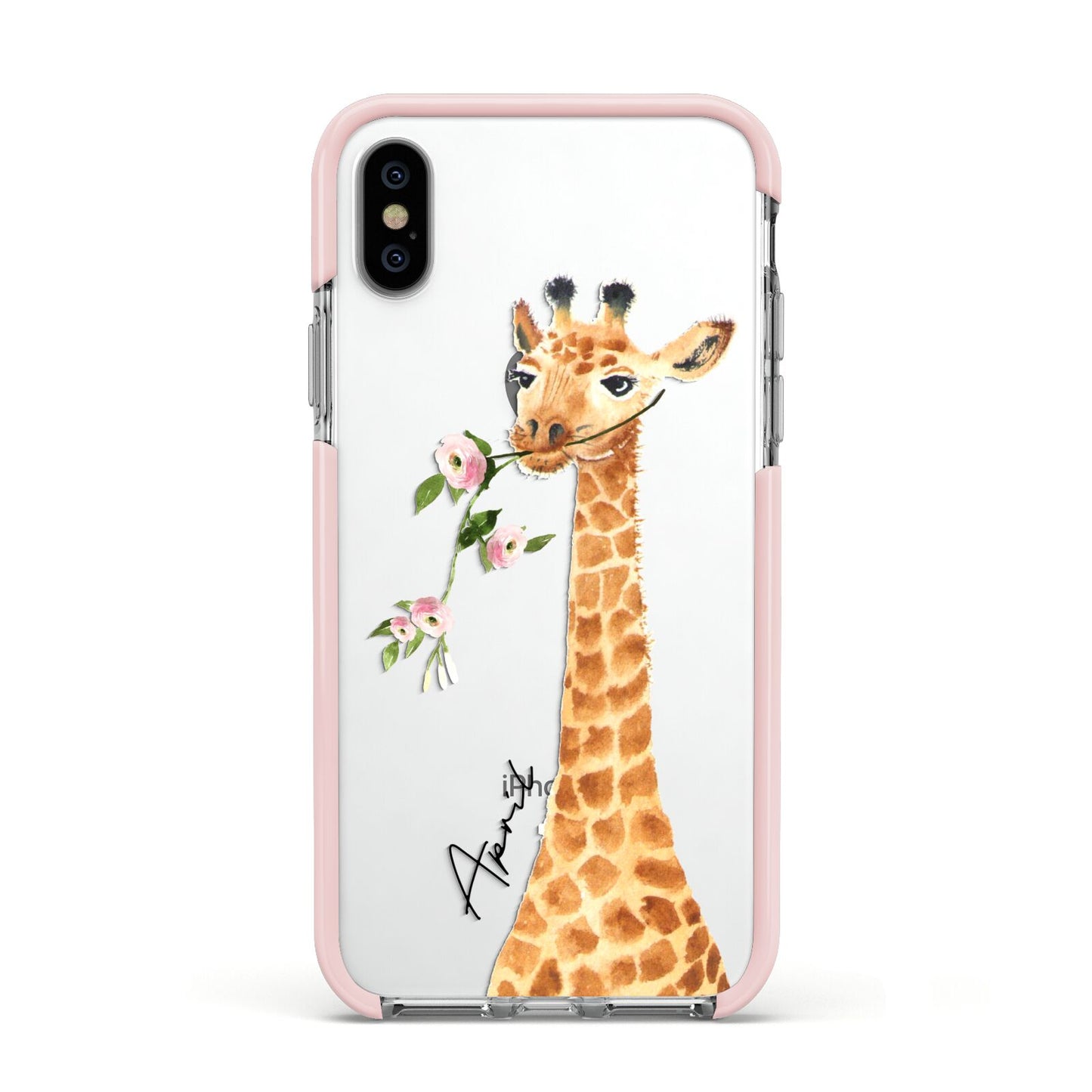 Personalised Giraffe with Name Apple iPhone Xs Impact Case Pink Edge on Silver Phone