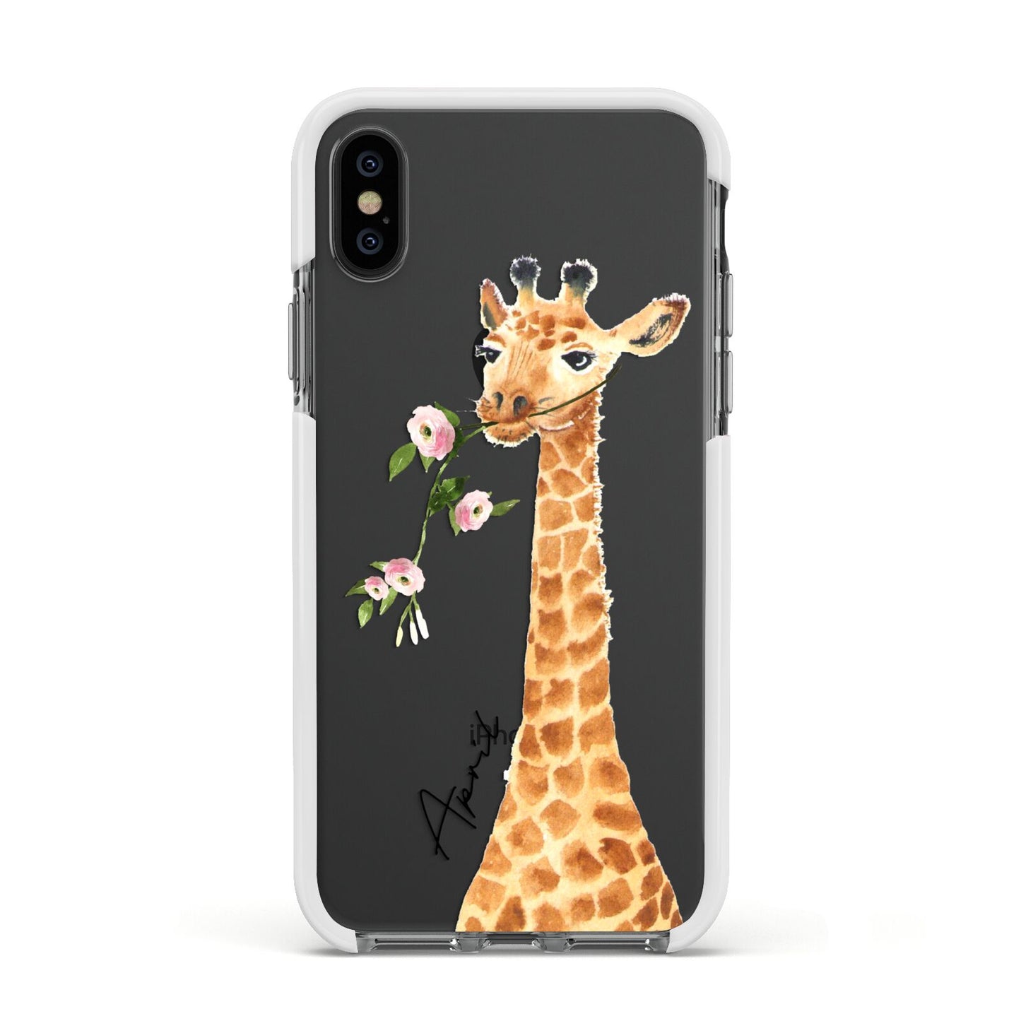 Personalised Giraffe with Name Apple iPhone Xs Impact Case White Edge on Black Phone