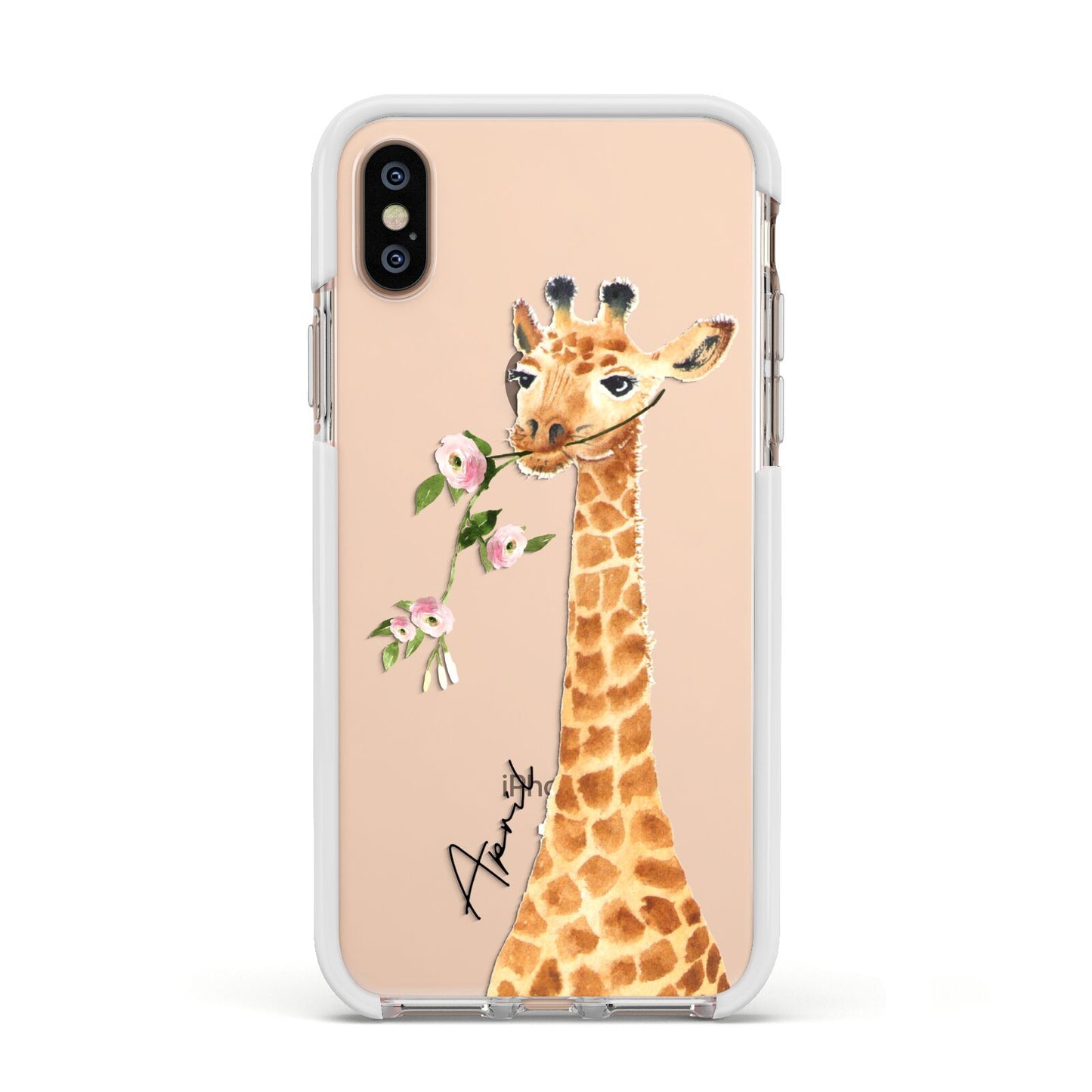 Personalised Giraffe with Name Apple iPhone Xs Impact Case White Edge on Gold Phone