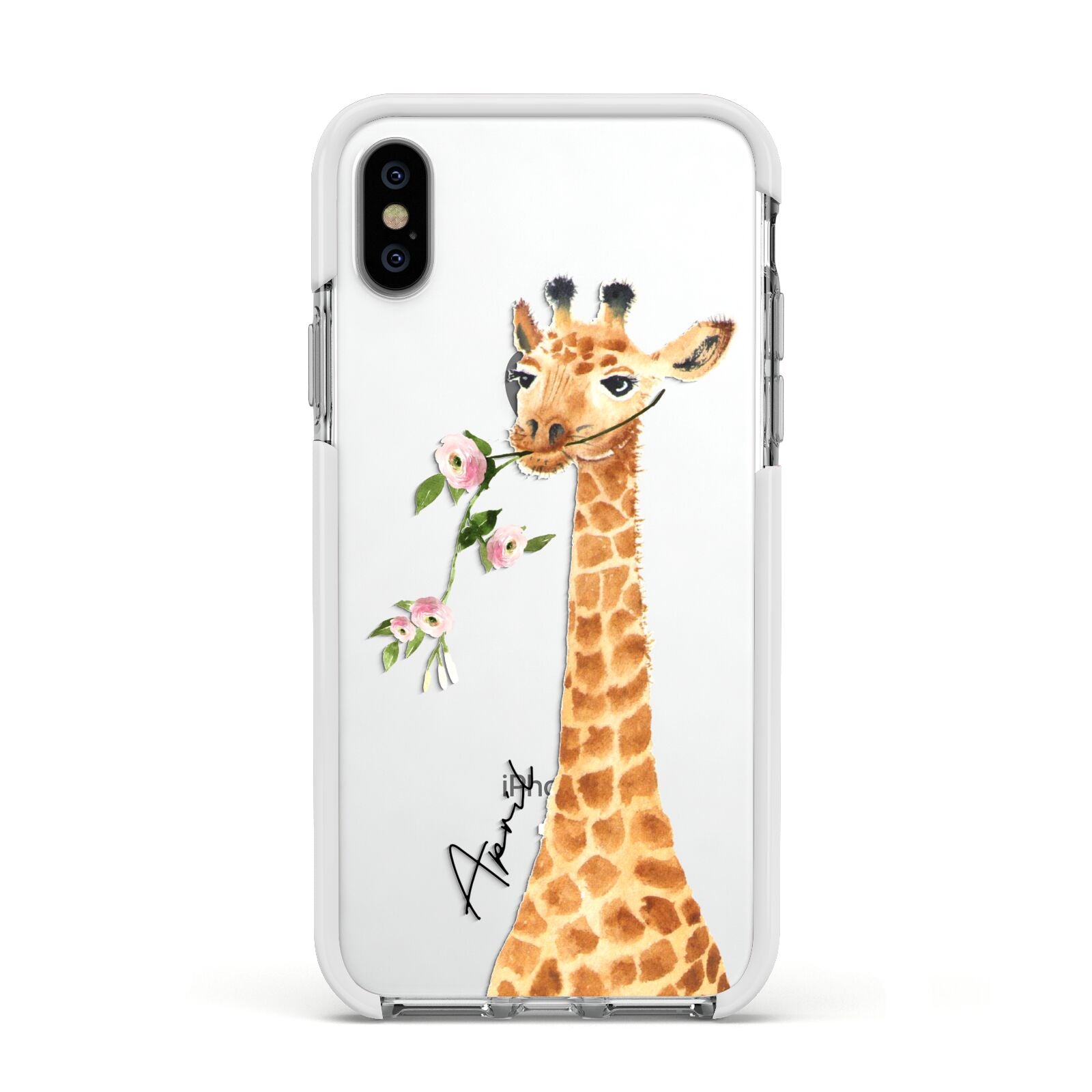 Personalised Giraffe with Name Apple iPhone Xs Impact Case White Edge on Silver Phone