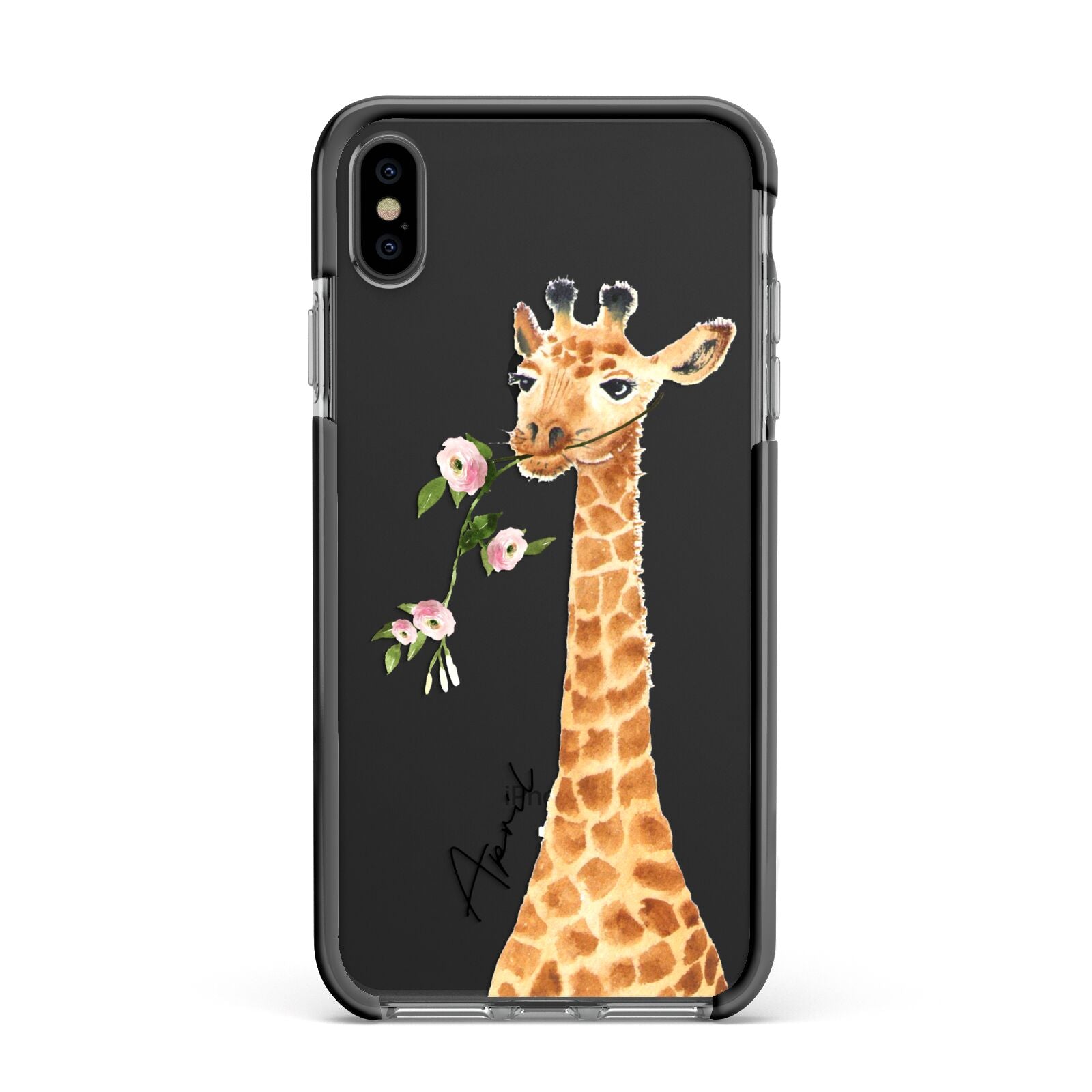 Personalised Giraffe with Name Apple iPhone Xs Max Impact Case Black Edge on Black Phone