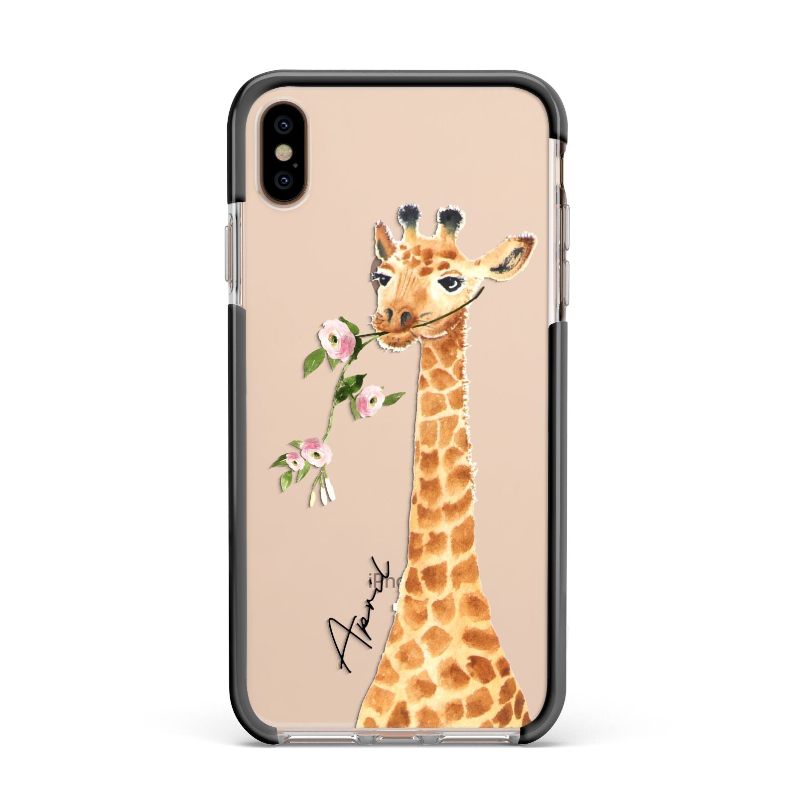 Personalised Giraffe with Name Apple iPhone Xs Max Impact Case Black Edge on Gold Phone