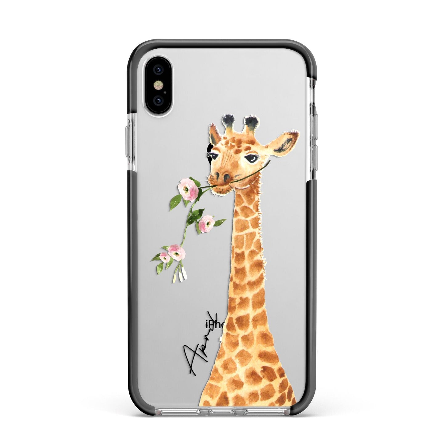 Personalised Giraffe with Name Apple iPhone Xs Max Impact Case Black Edge on Silver Phone