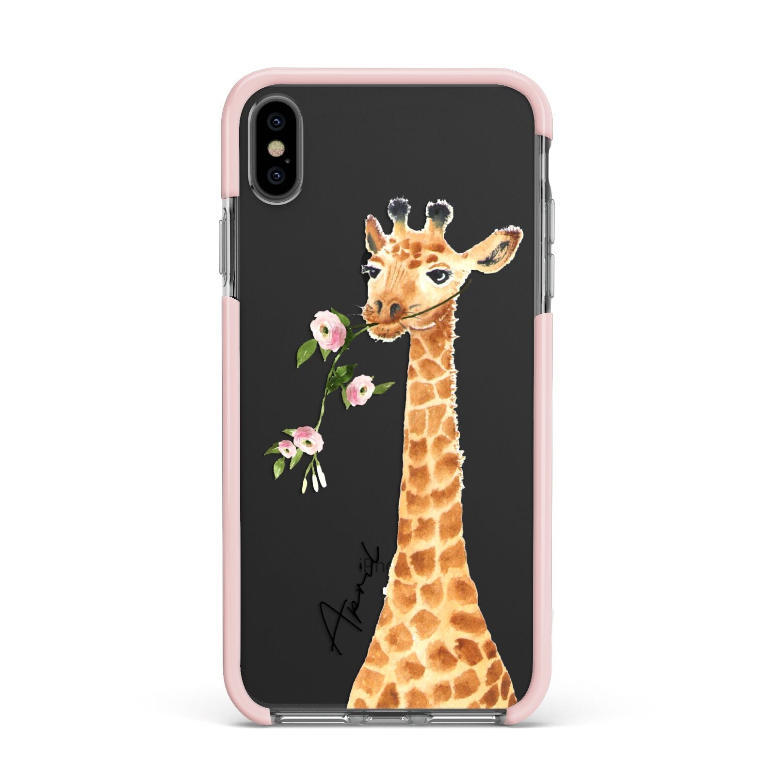 Personalised Giraffe with Name Apple iPhone Xs Max Impact Case Pink Edge on Black Phone