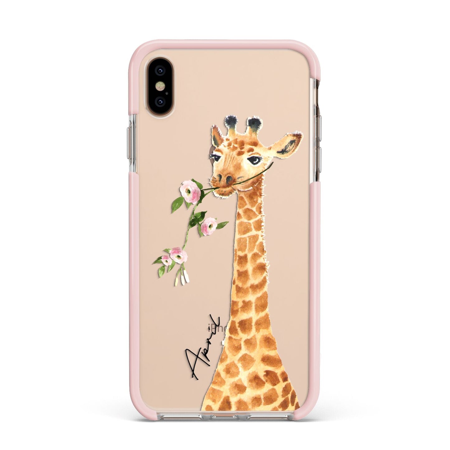 Personalised Giraffe with Name Apple iPhone Xs Max Impact Case Pink Edge on Gold Phone