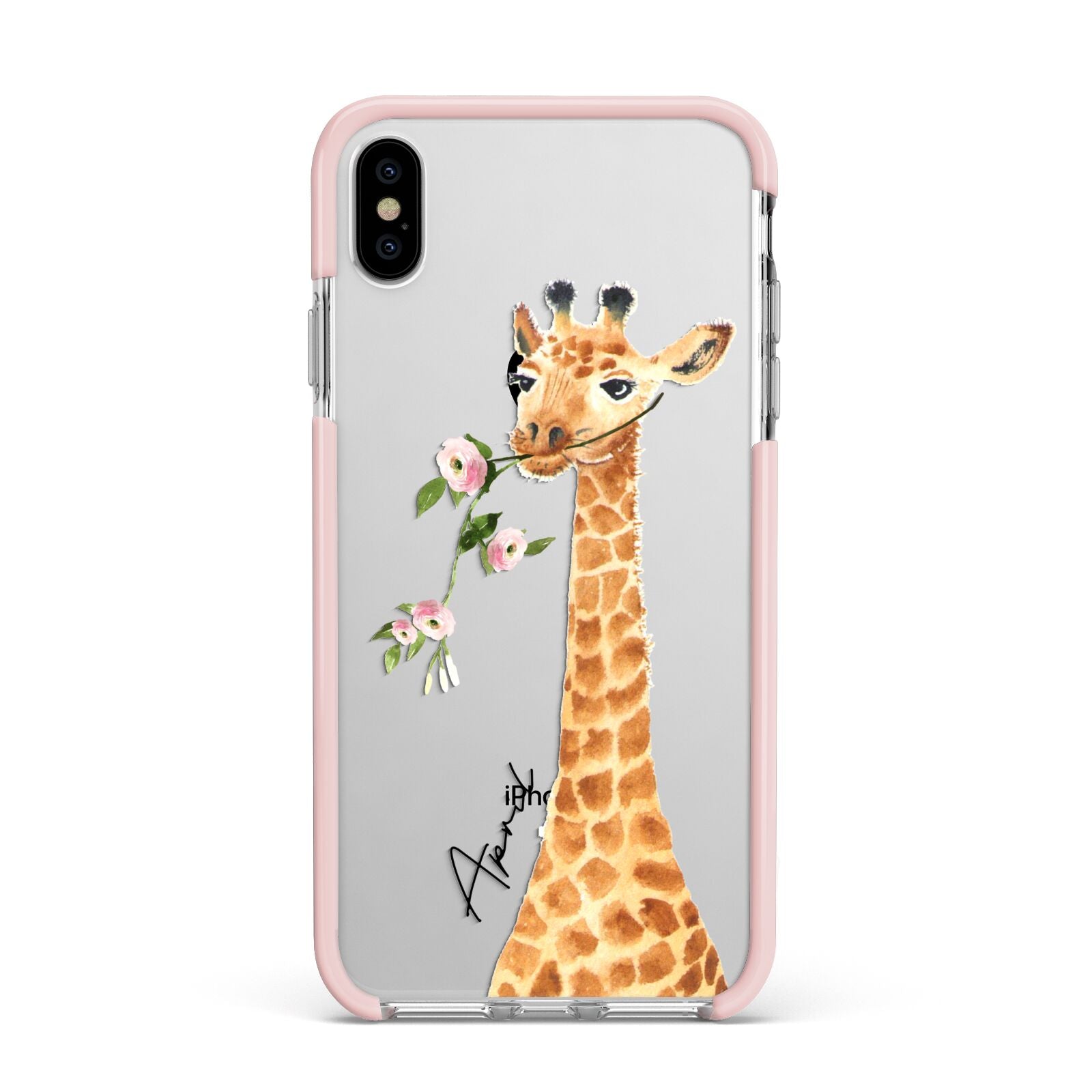 Personalised Giraffe with Name Apple iPhone Xs Max Impact Case Pink Edge on Silver Phone