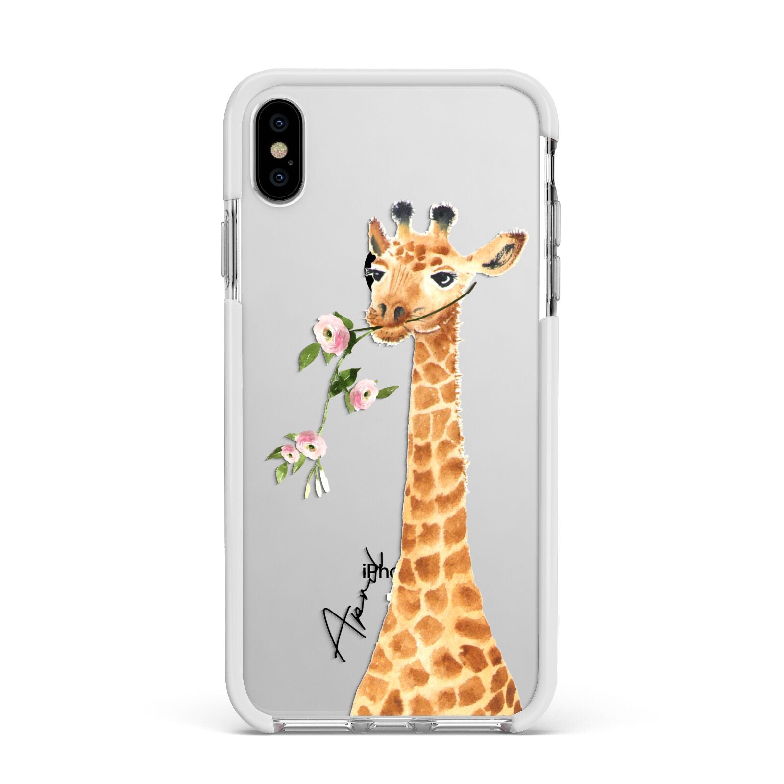 Personalised Giraffe with Name Apple iPhone Xs Max Impact Case White Edge on Silver Phone