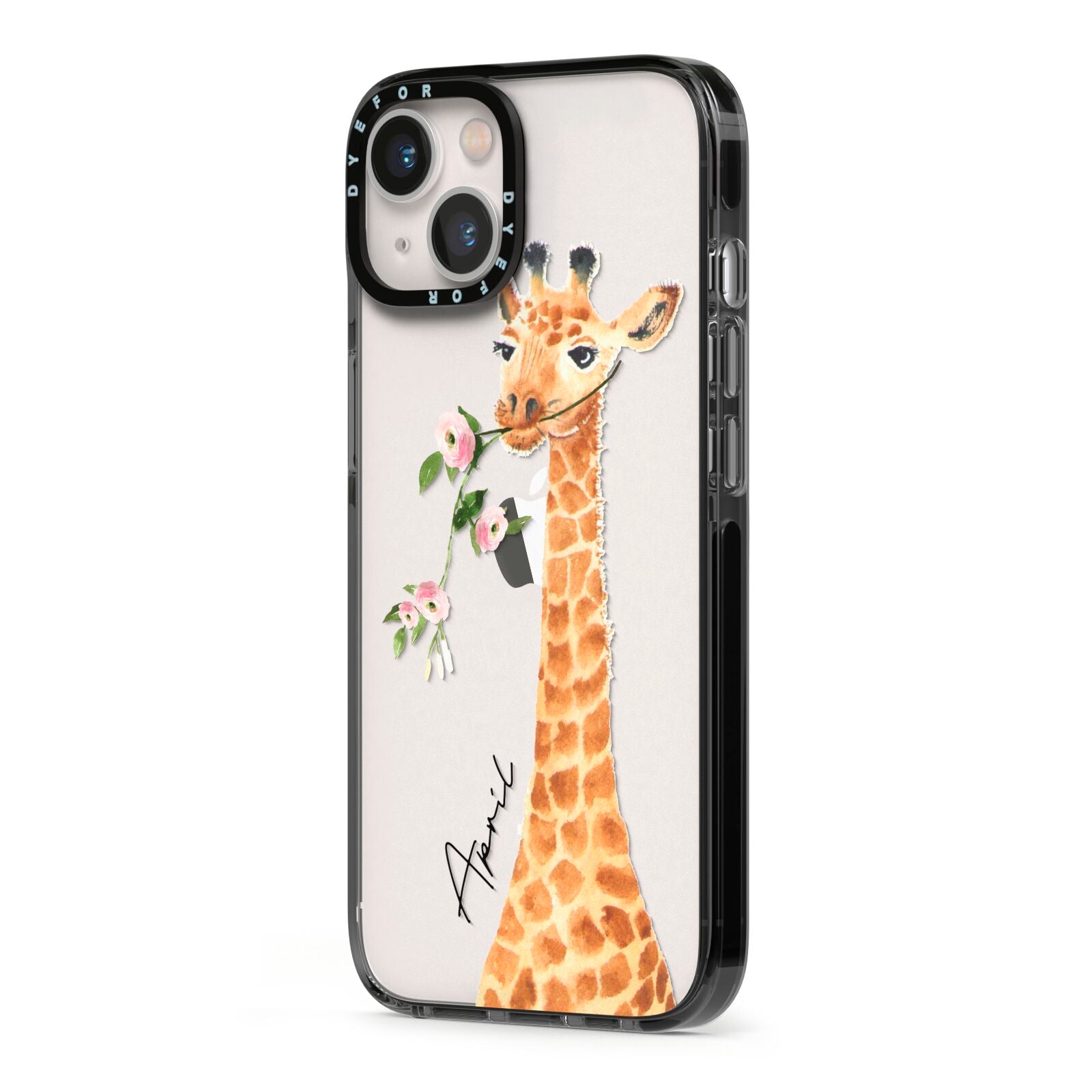 Personalised Giraffe with Name iPhone 13 Black Impact Case Side Angle on Silver phone