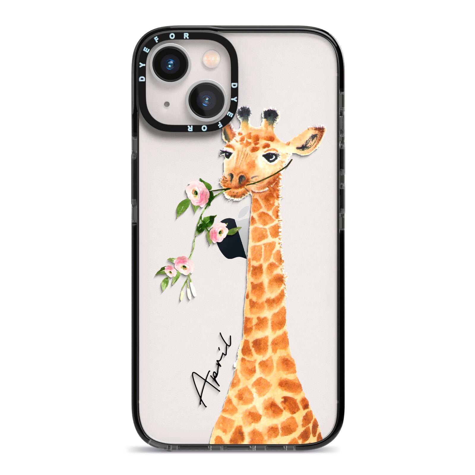 Personalised Giraffe with Name iPhone 13 Black Impact Case on Silver phone