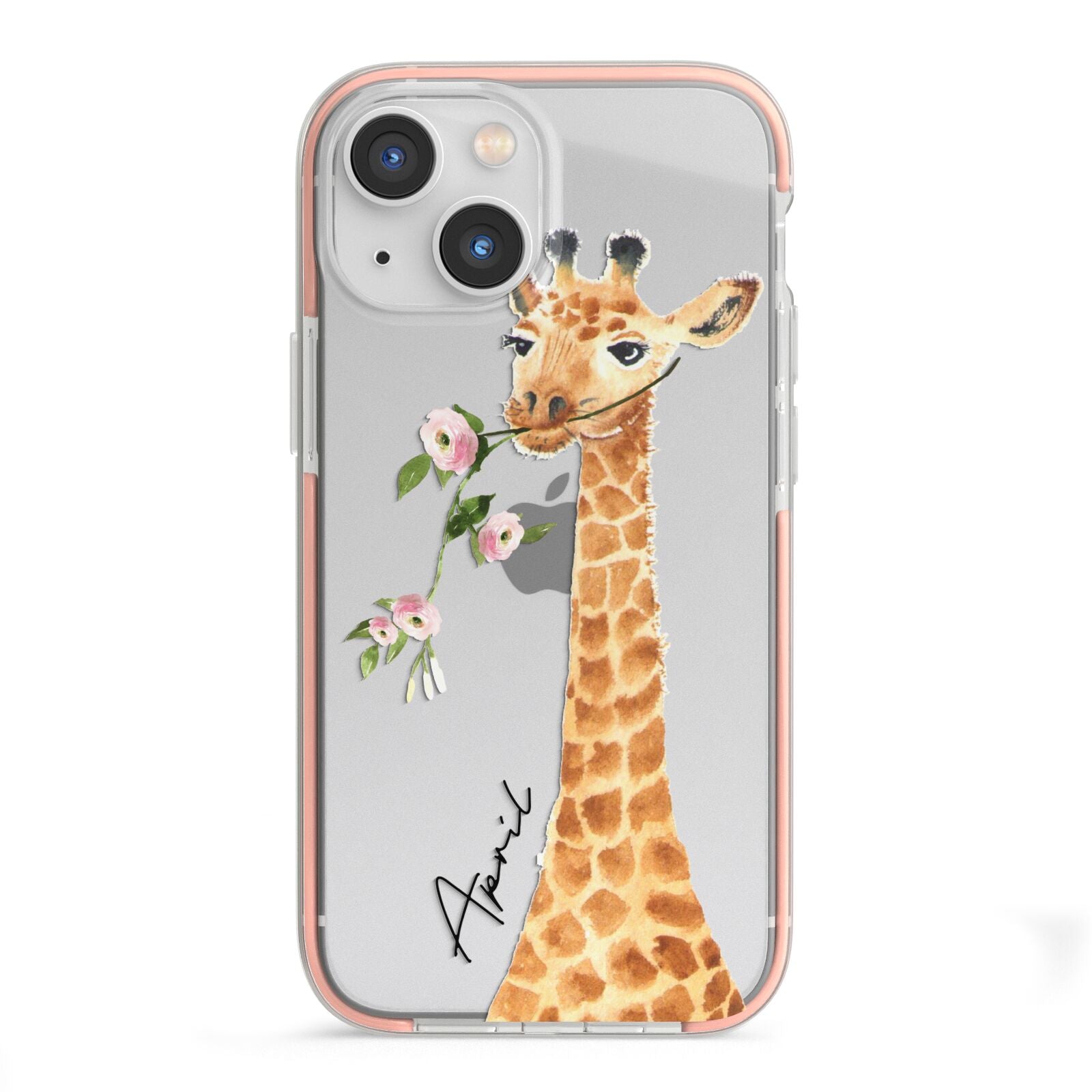 Personalised Giraffe with Name iPhone 13 Mini TPU Impact Case with Pink Edges