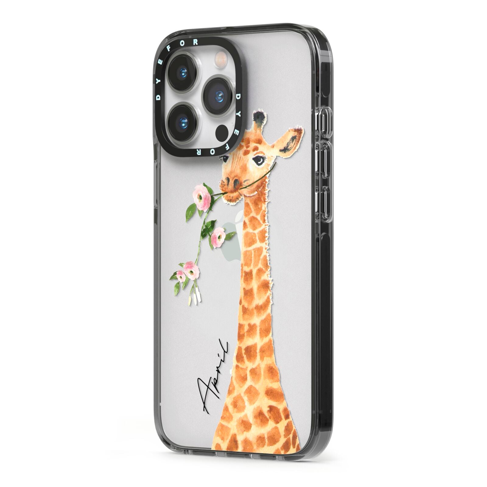 Personalised Giraffe with Name iPhone 13 Pro Black Impact Case Side Angle on Silver phone