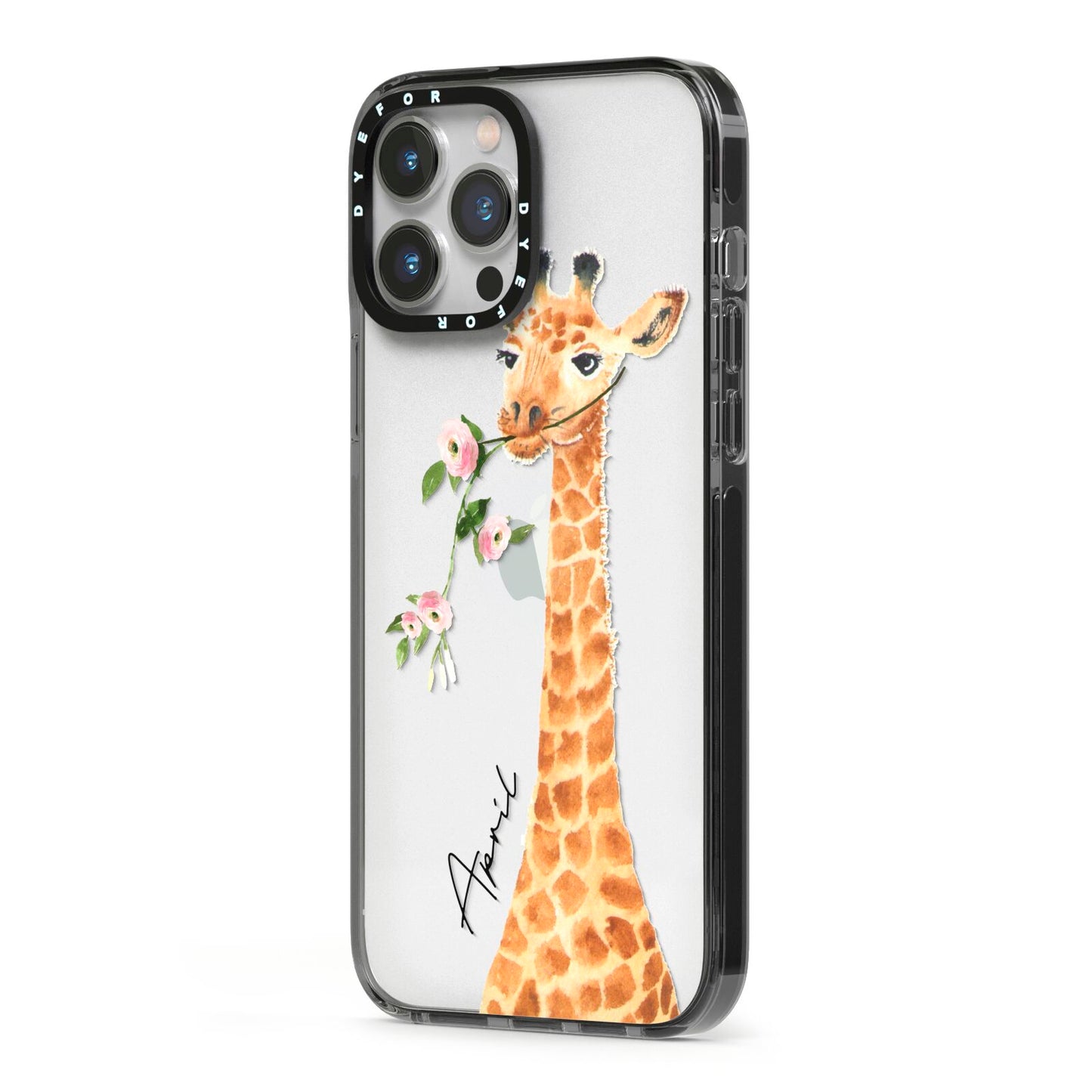 Personalised Giraffe with Name iPhone 13 Pro Max Black Impact Case Side Angle on Silver phone