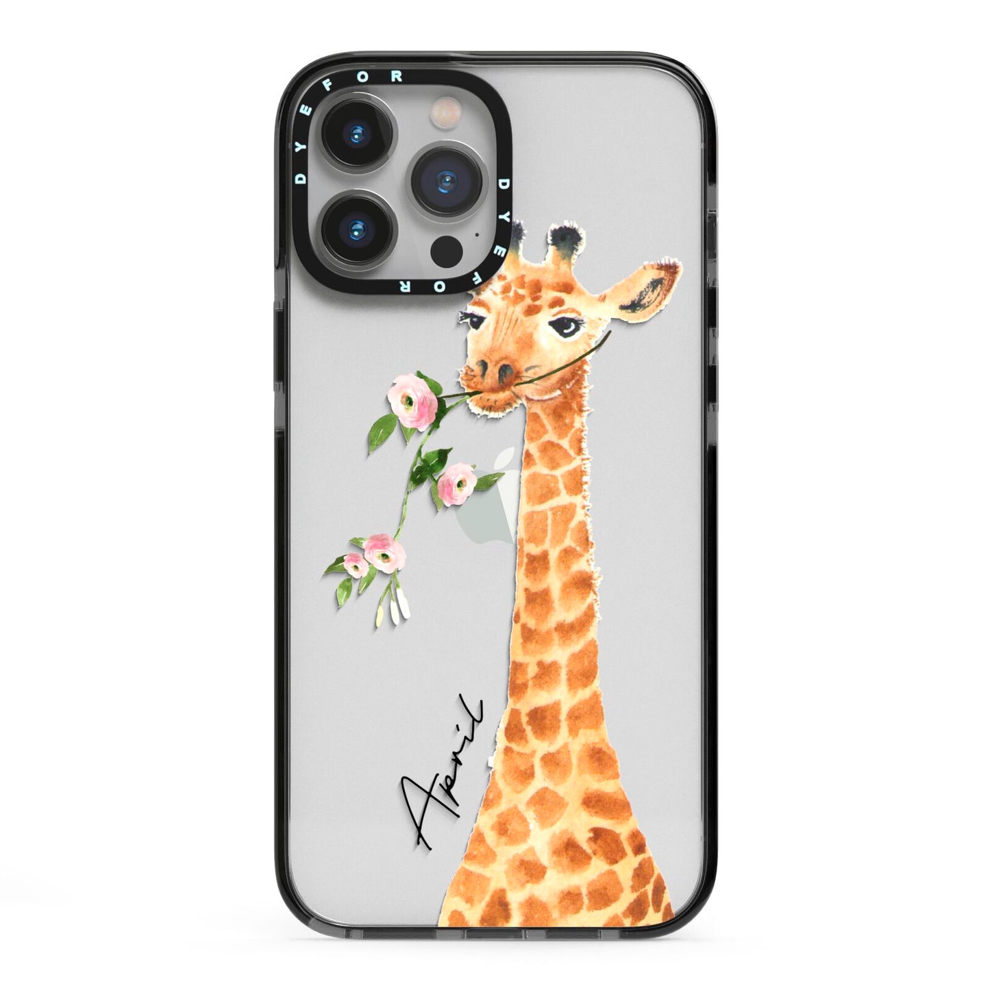 Personalised Giraffe with Name iPhone 13 Pro Max Black Impact Case on Silver phone