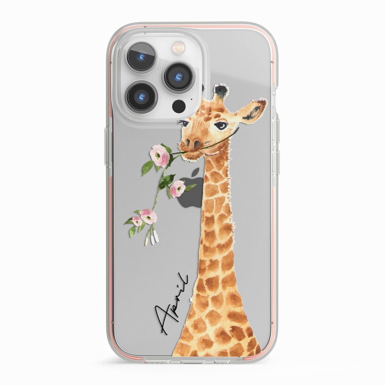 Personalised Giraffe with Name iPhone 13 Pro TPU Impact Case with Pink Edges