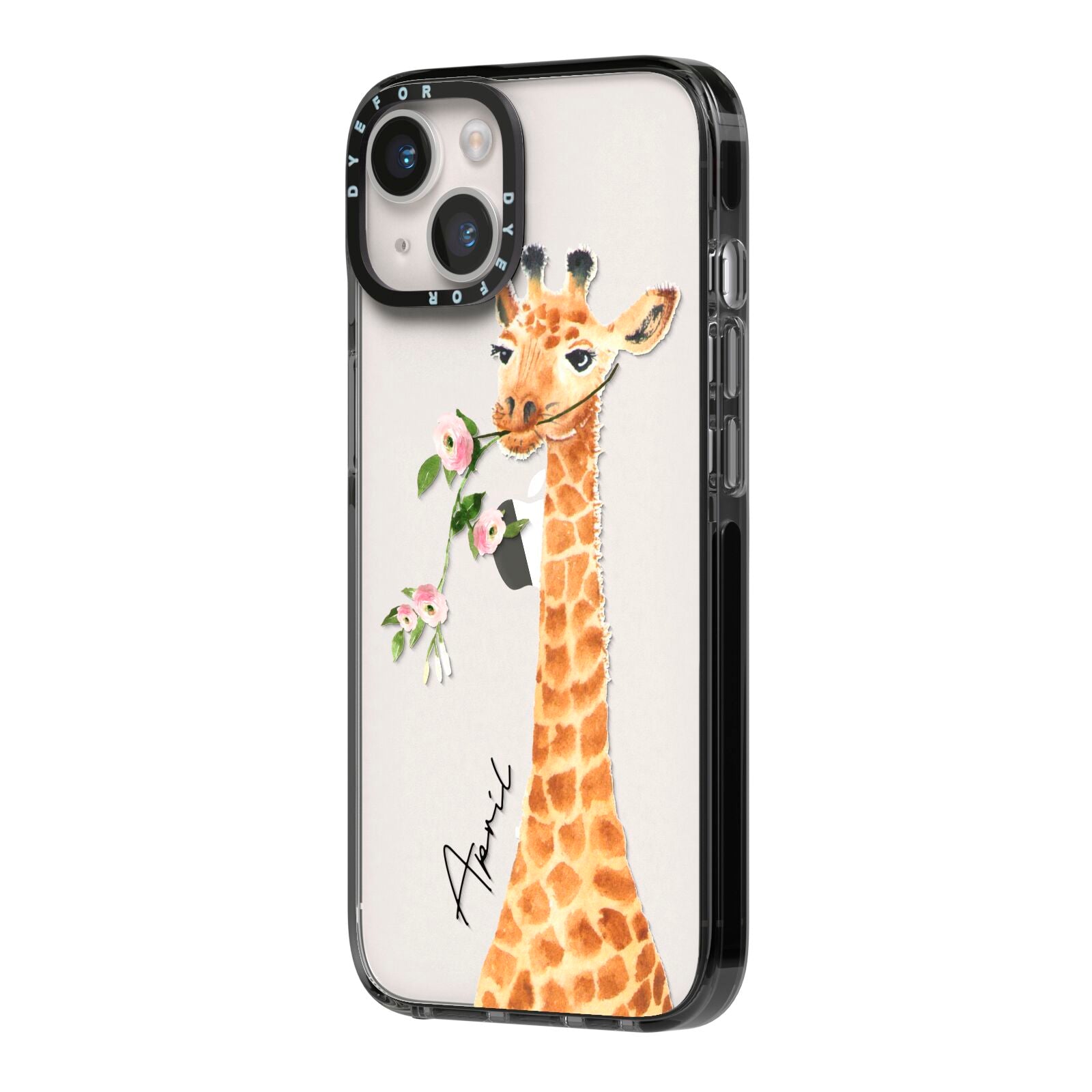 Personalised Giraffe with Name iPhone 14 Black Impact Case Side Angle on Silver phone