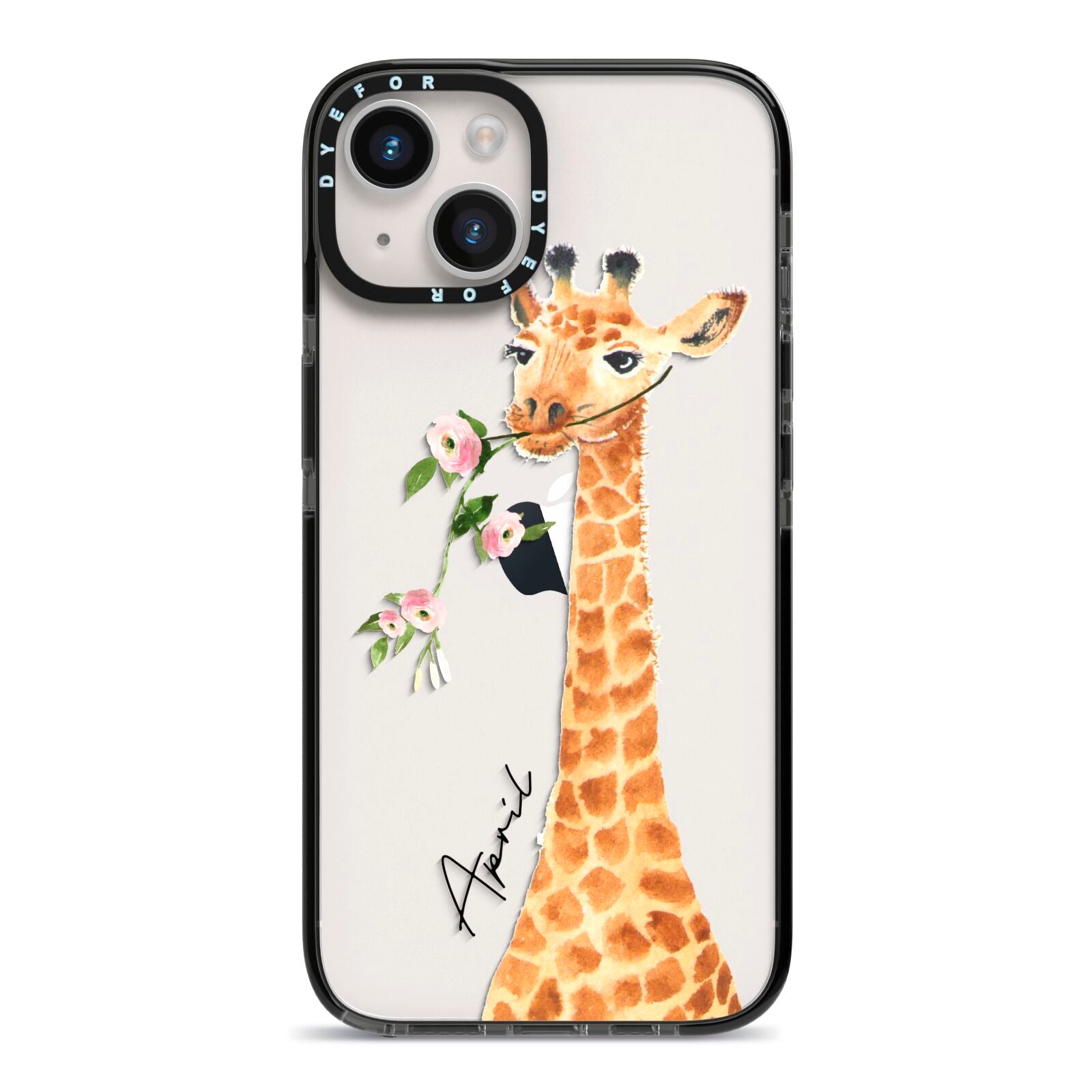 Personalised Giraffe with Name iPhone 14 Black Impact Case on Silver phone