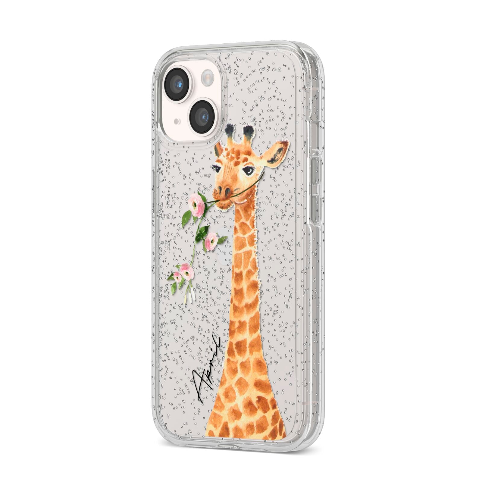 Personalised Giraffe with Name iPhone 14 Glitter Tough Case Starlight Angled Image