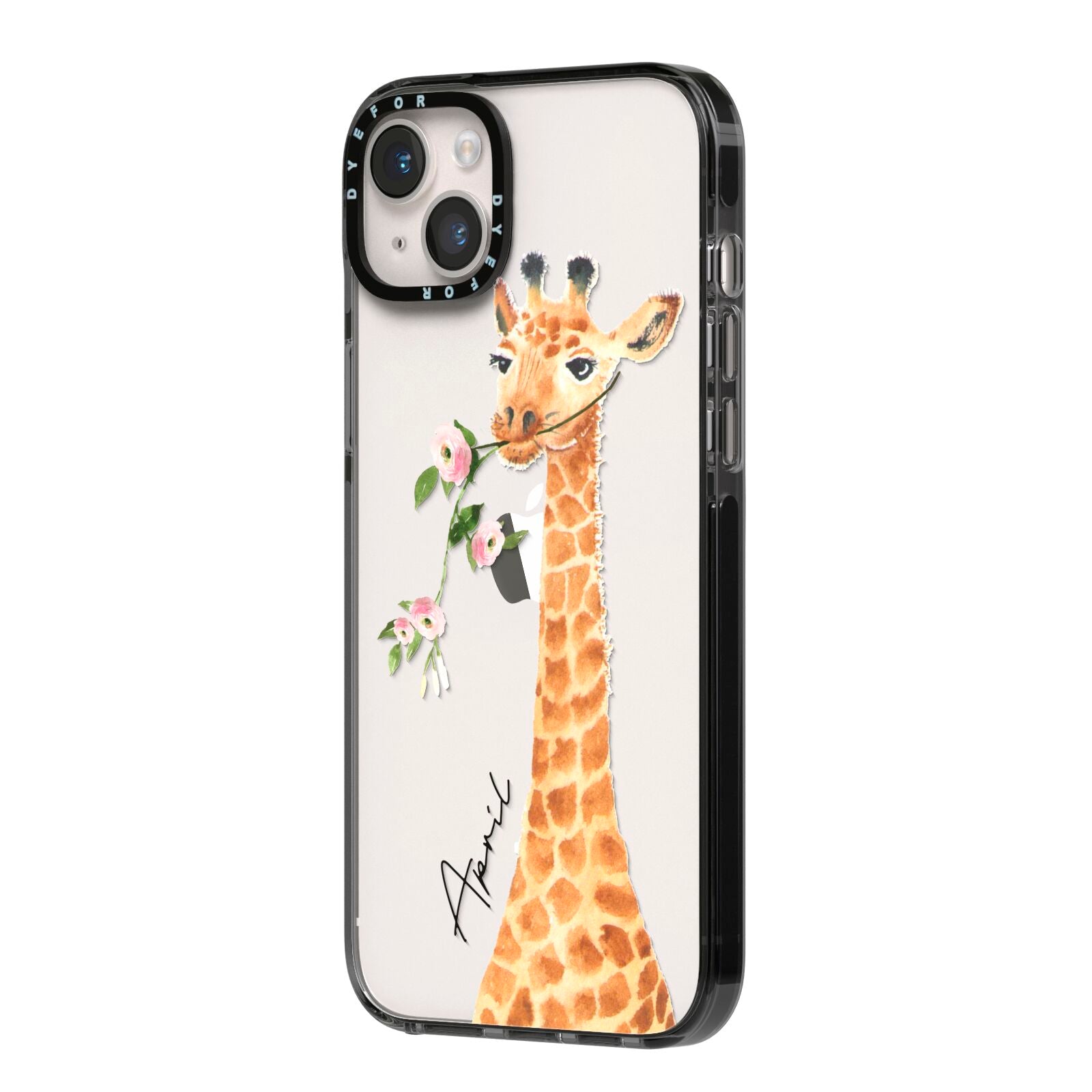 Personalised Giraffe with Name iPhone 14 Plus Black Impact Case Side Angle on Silver phone