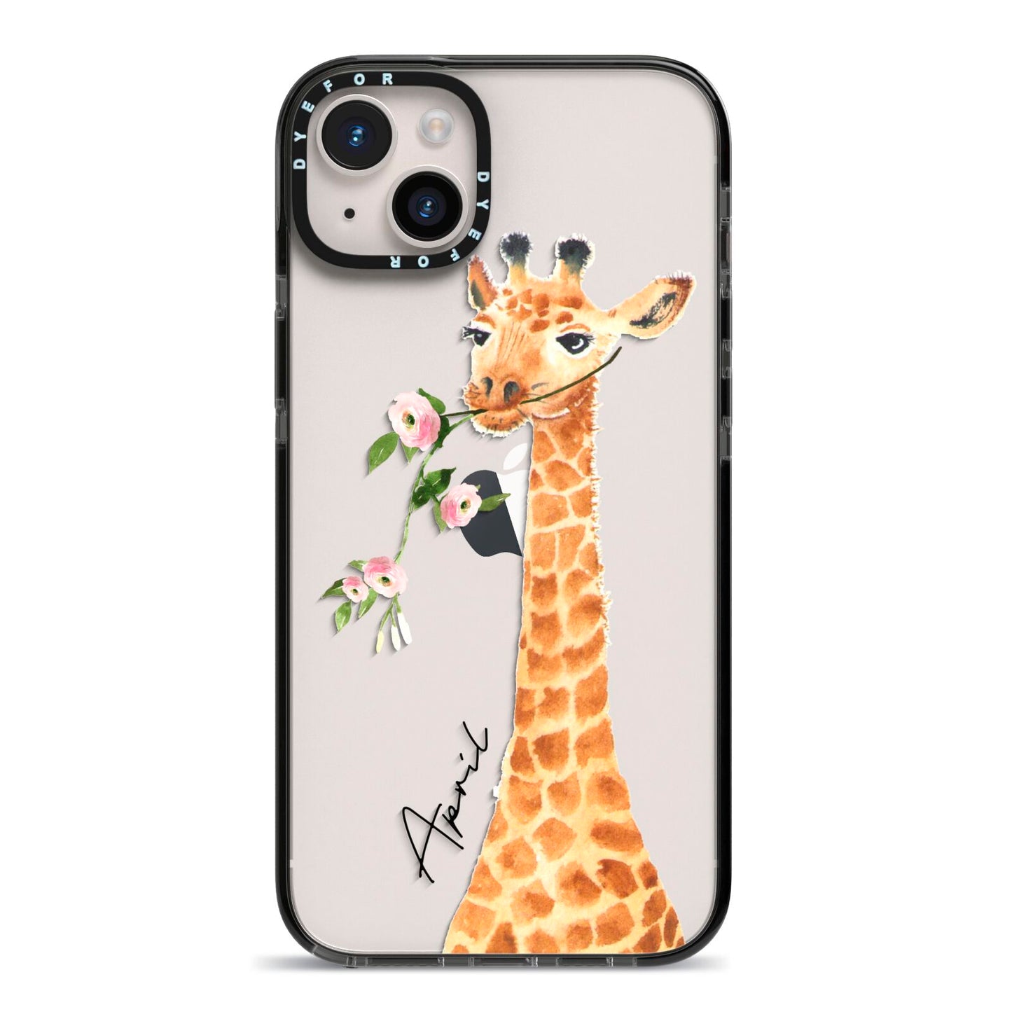 Personalised Giraffe with Name iPhone 14 Plus Black Impact Case on Silver phone