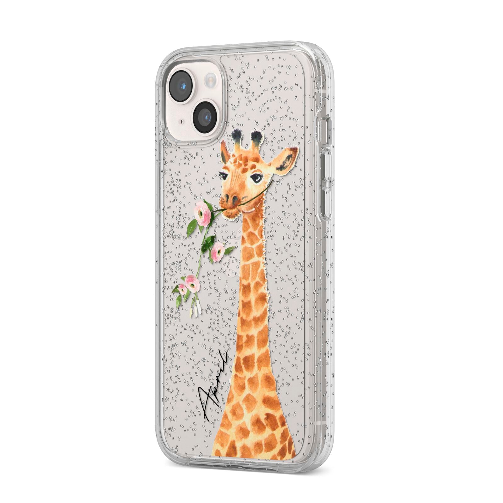 Personalised Giraffe with Name iPhone 14 Plus Glitter Tough Case Starlight Angled Image