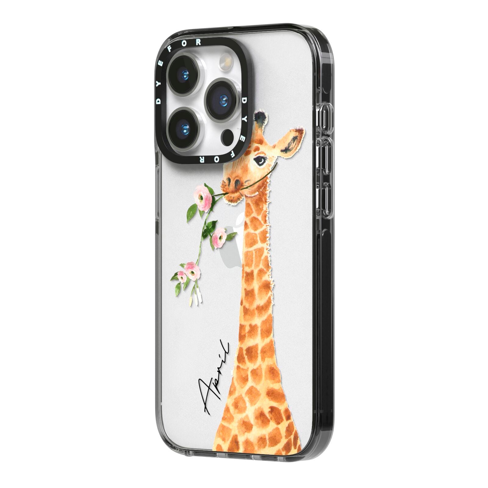 Personalised Giraffe with Name iPhone 14 Pro Black Impact Case Side Angle on Silver phone