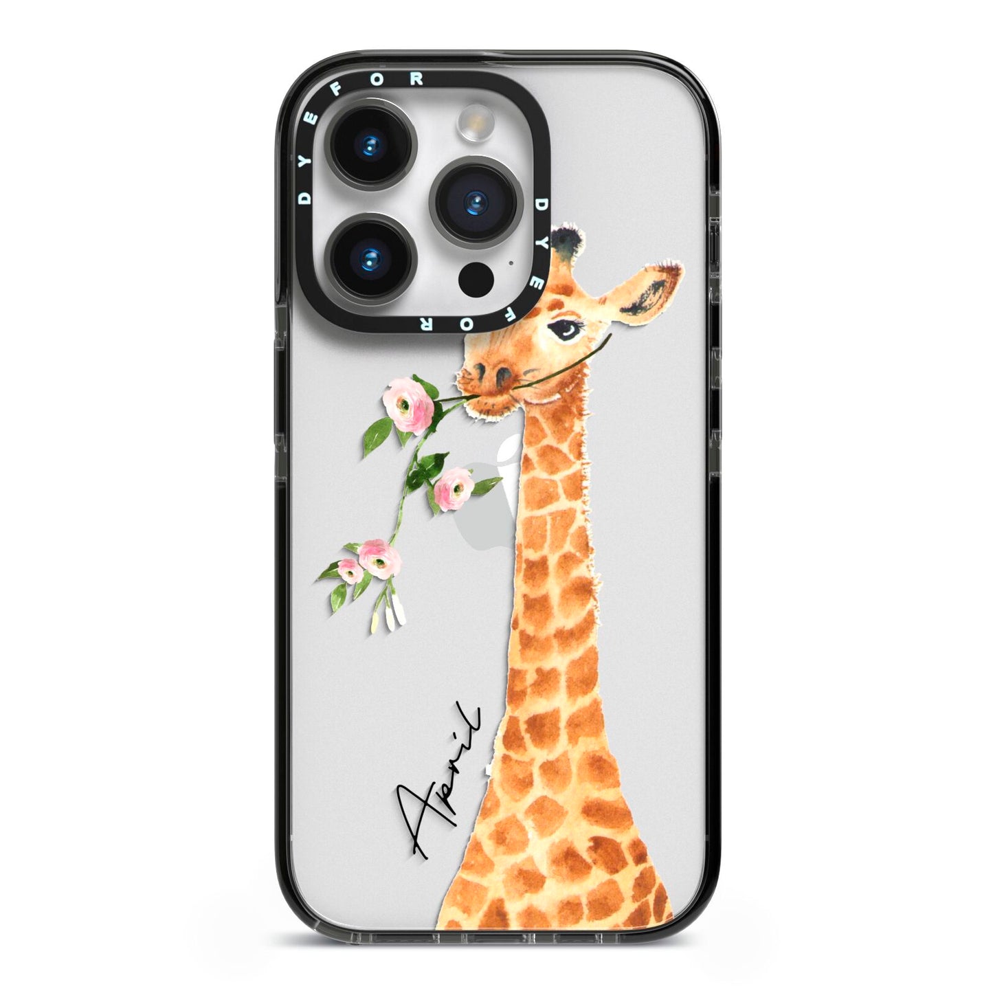 Personalised Giraffe with Name iPhone 14 Pro Black Impact Case on Silver phone