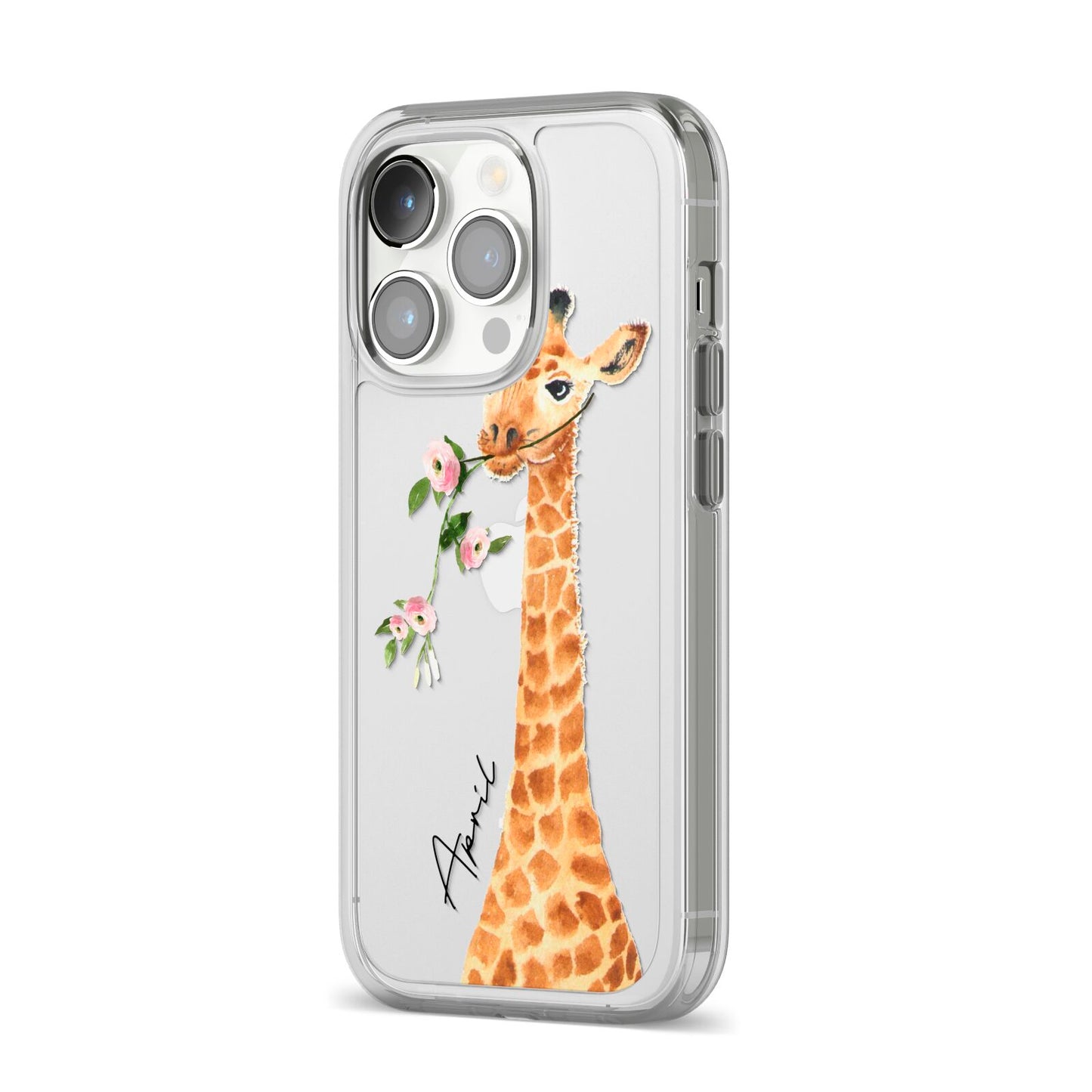 Personalised Giraffe with Name iPhone 14 Pro Clear Tough Case Silver Angled Image