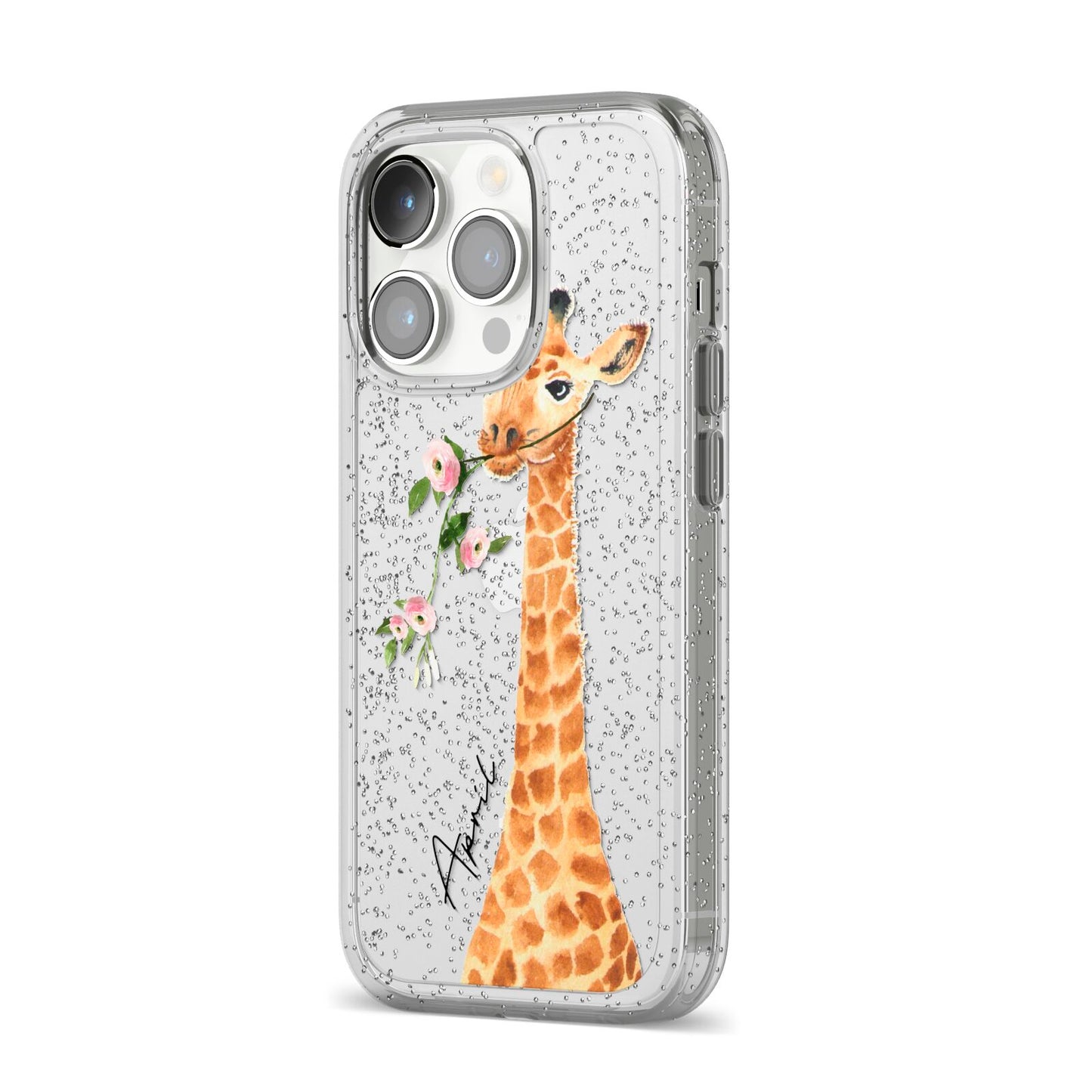 Personalised Giraffe with Name iPhone 14 Pro Glitter Tough Case Silver Angled Image