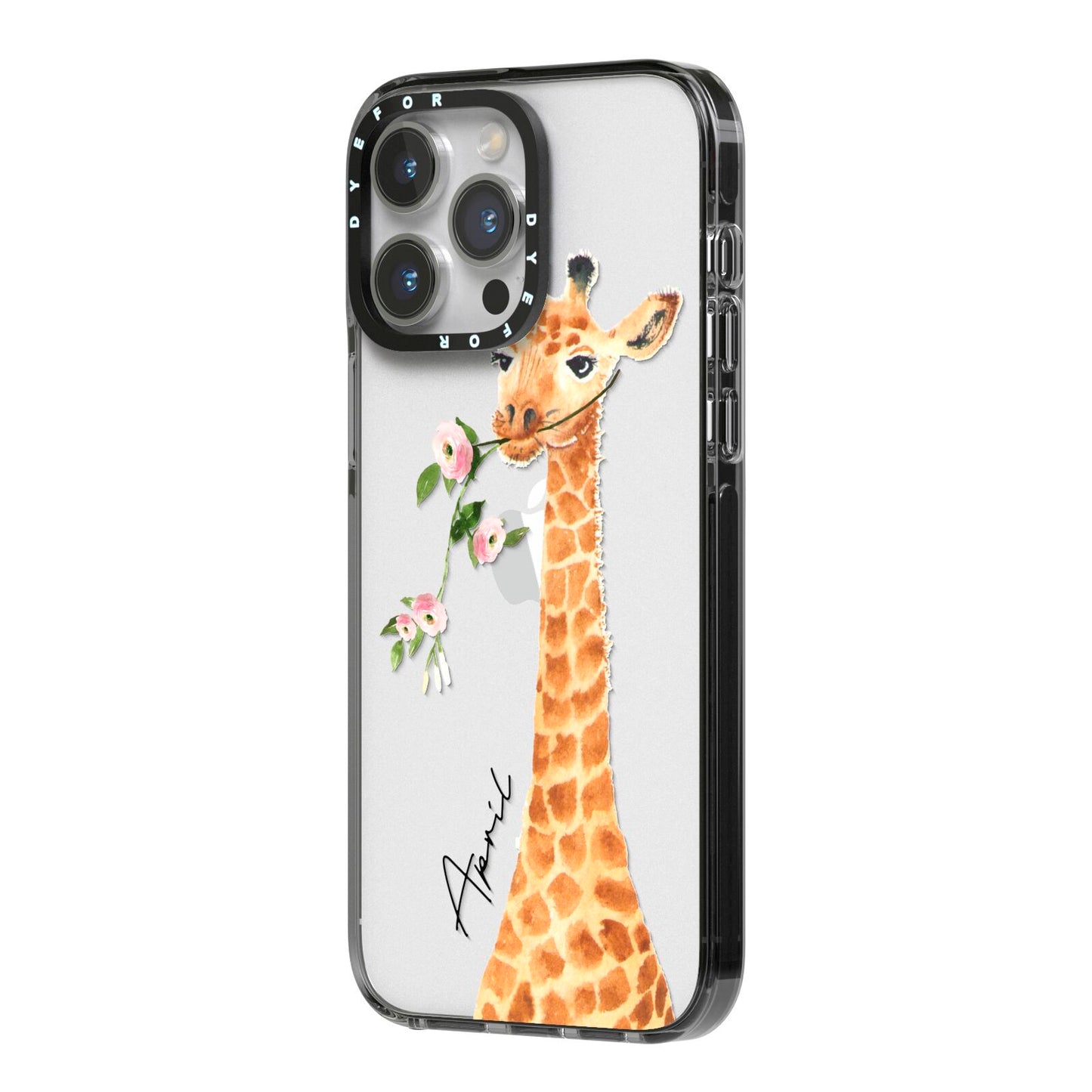 Personalised Giraffe with Name iPhone 14 Pro Max Black Impact Case Side Angle on Silver phone