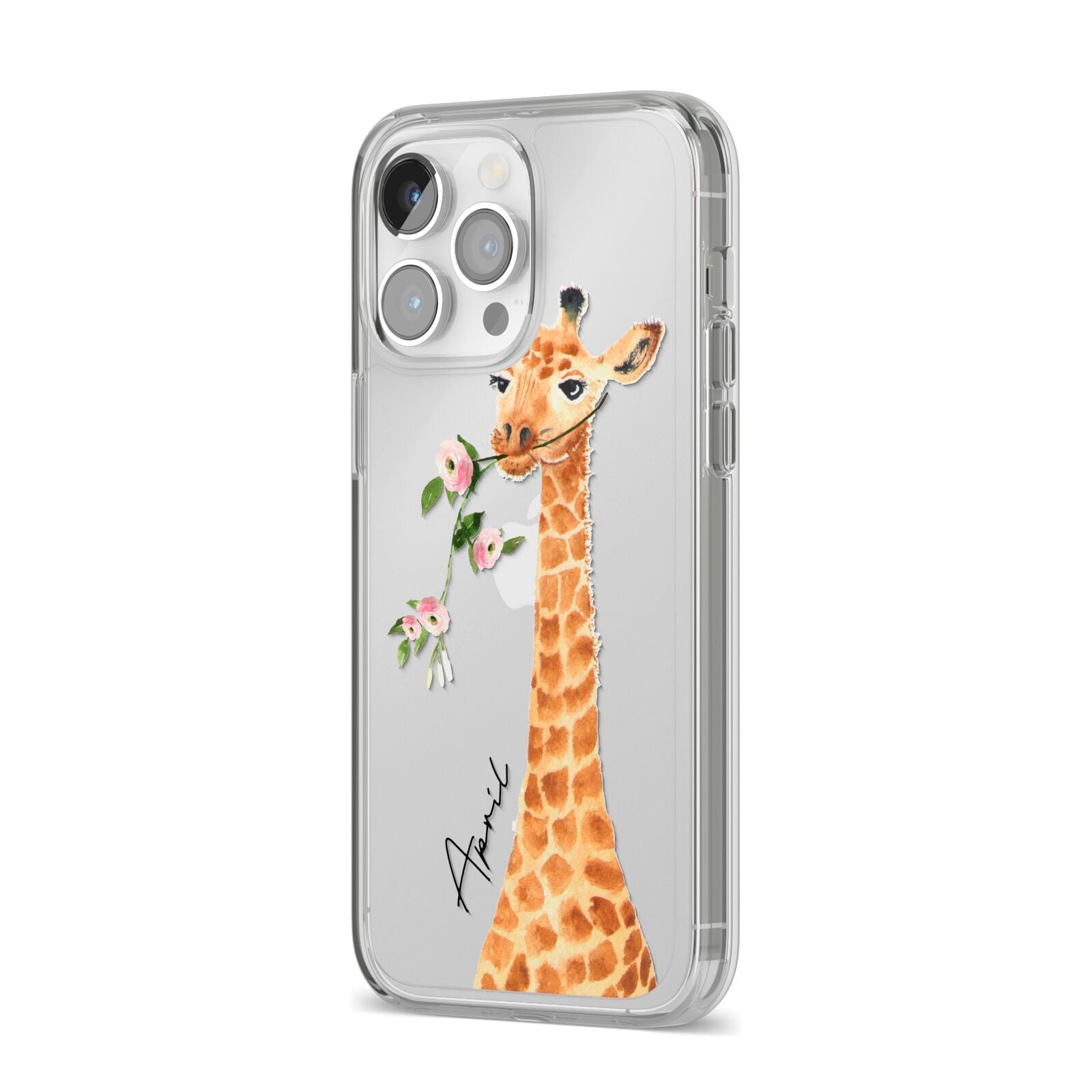 Personalised Giraffe with Name iPhone 14 Pro Max Clear Tough Case Silver Angled Image