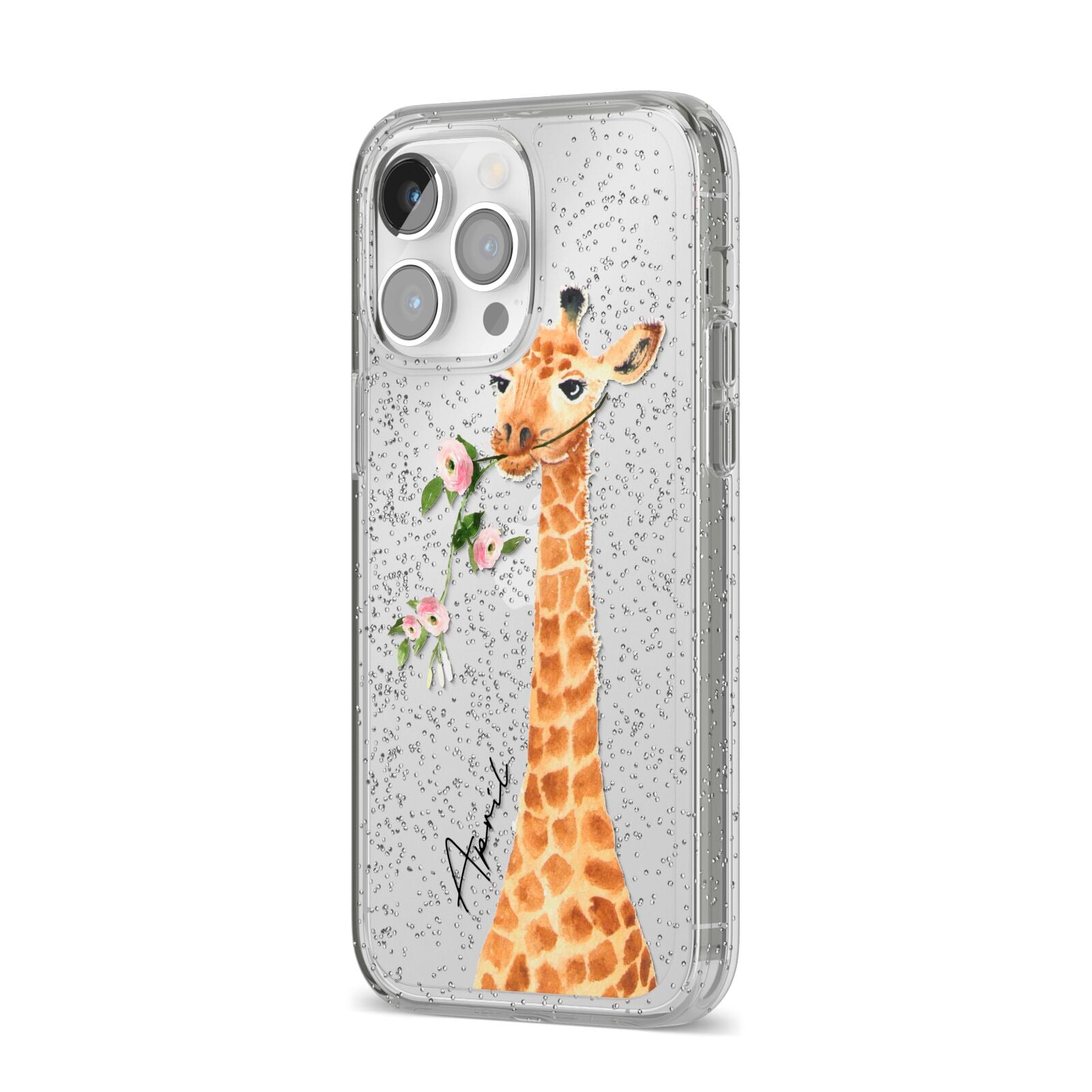 Personalised Giraffe with Name iPhone 14 Pro Max Glitter Tough Case Silver Angled Image