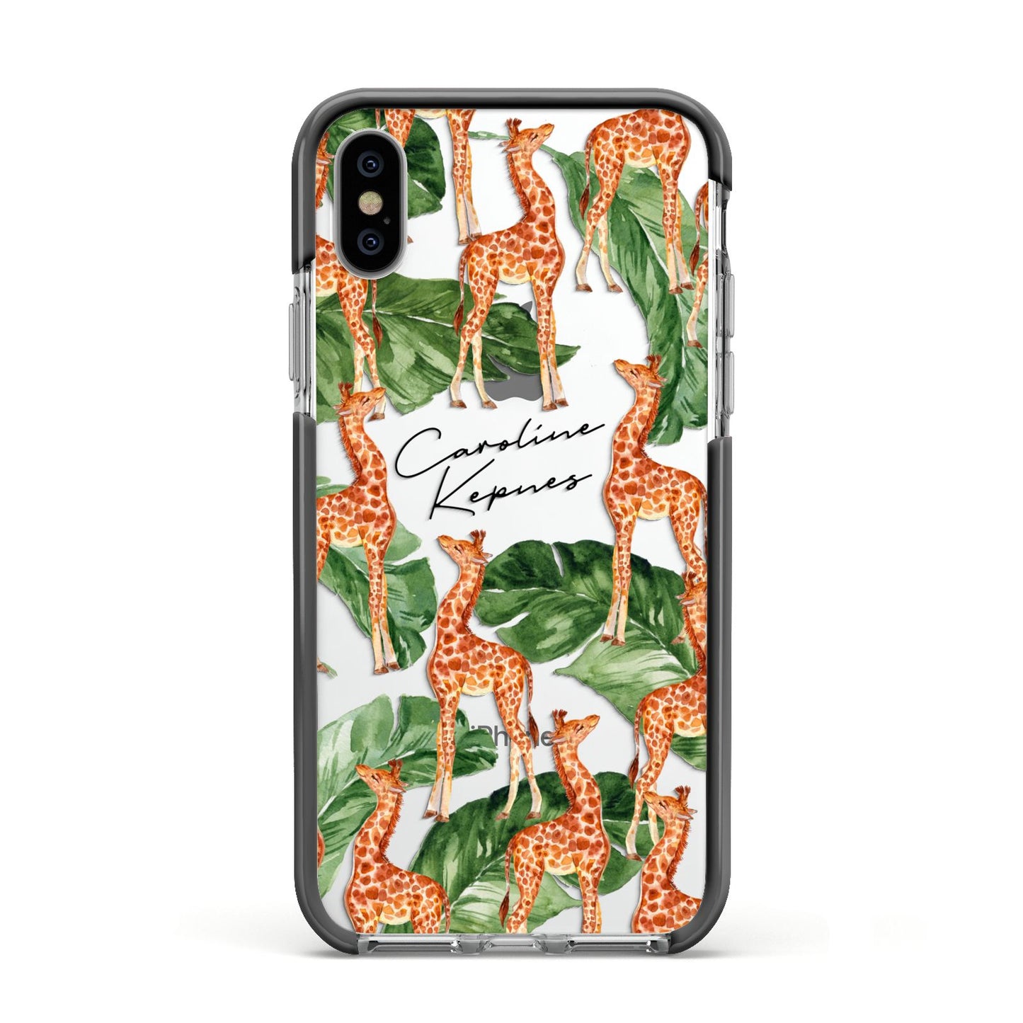 Personalised Giraffes Apple iPhone Xs Impact Case Black Edge on Silver Phone