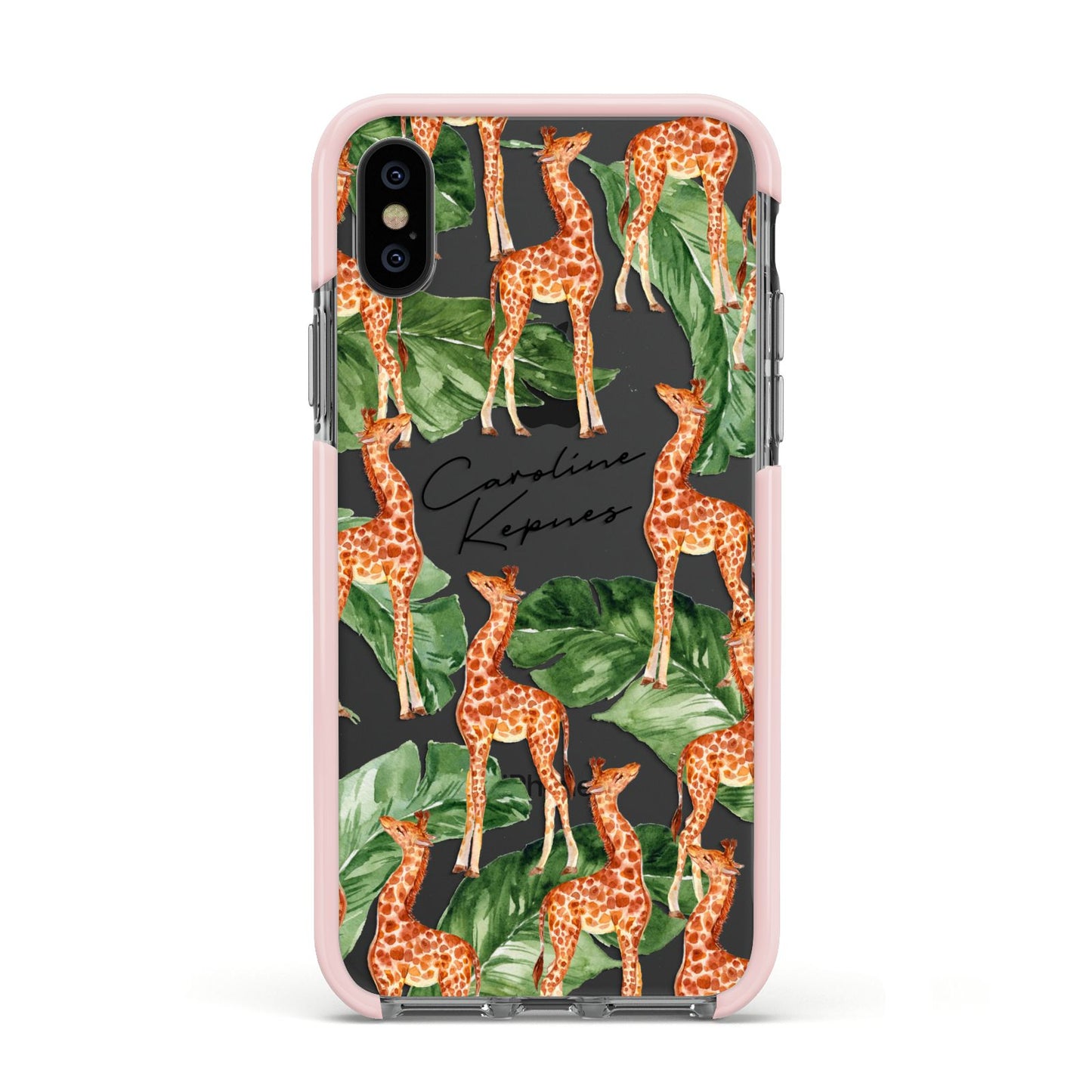 Personalised Giraffes Apple iPhone Xs Impact Case Pink Edge on Black Phone