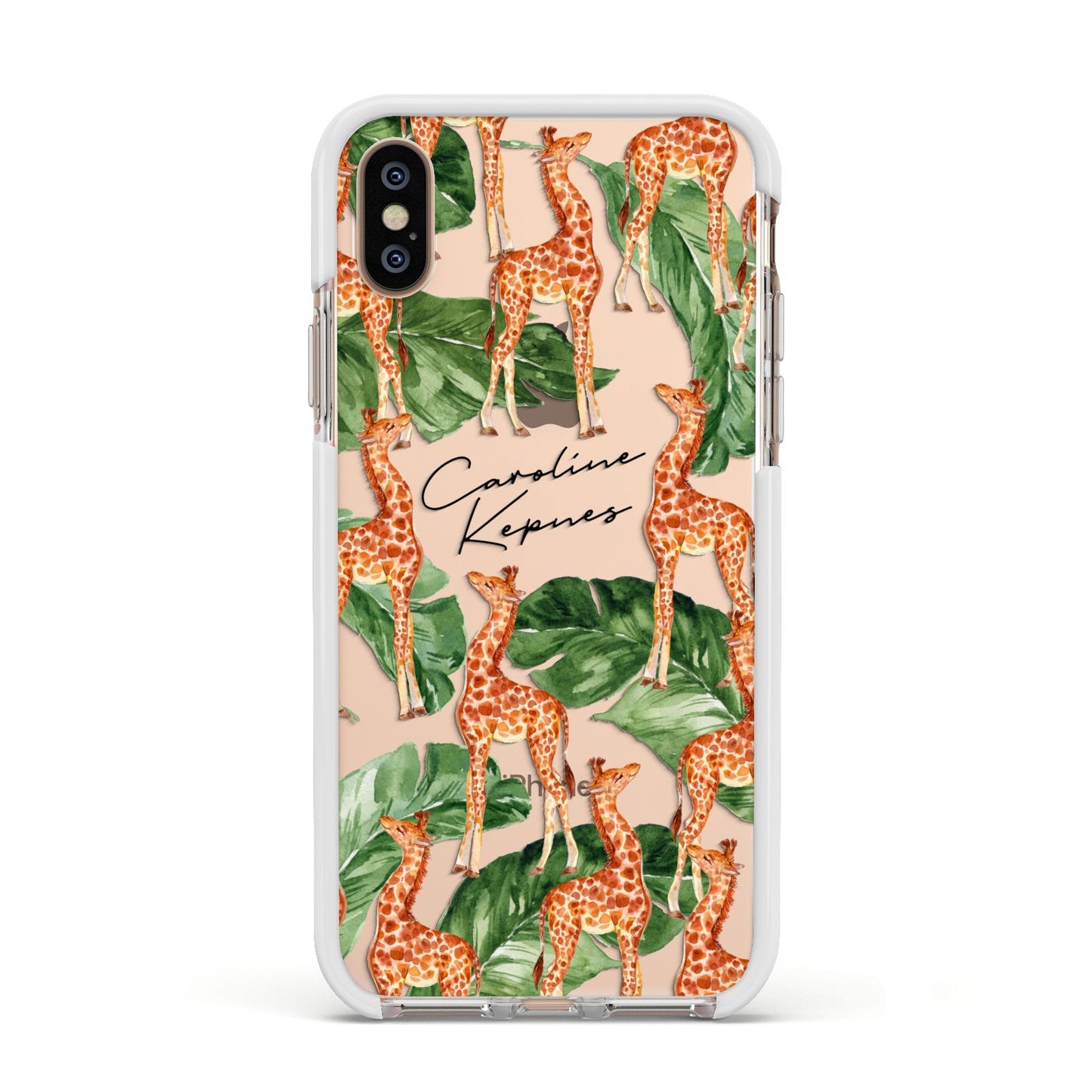 Personalised Giraffes Apple iPhone Xs Impact Case White Edge on Gold Phone