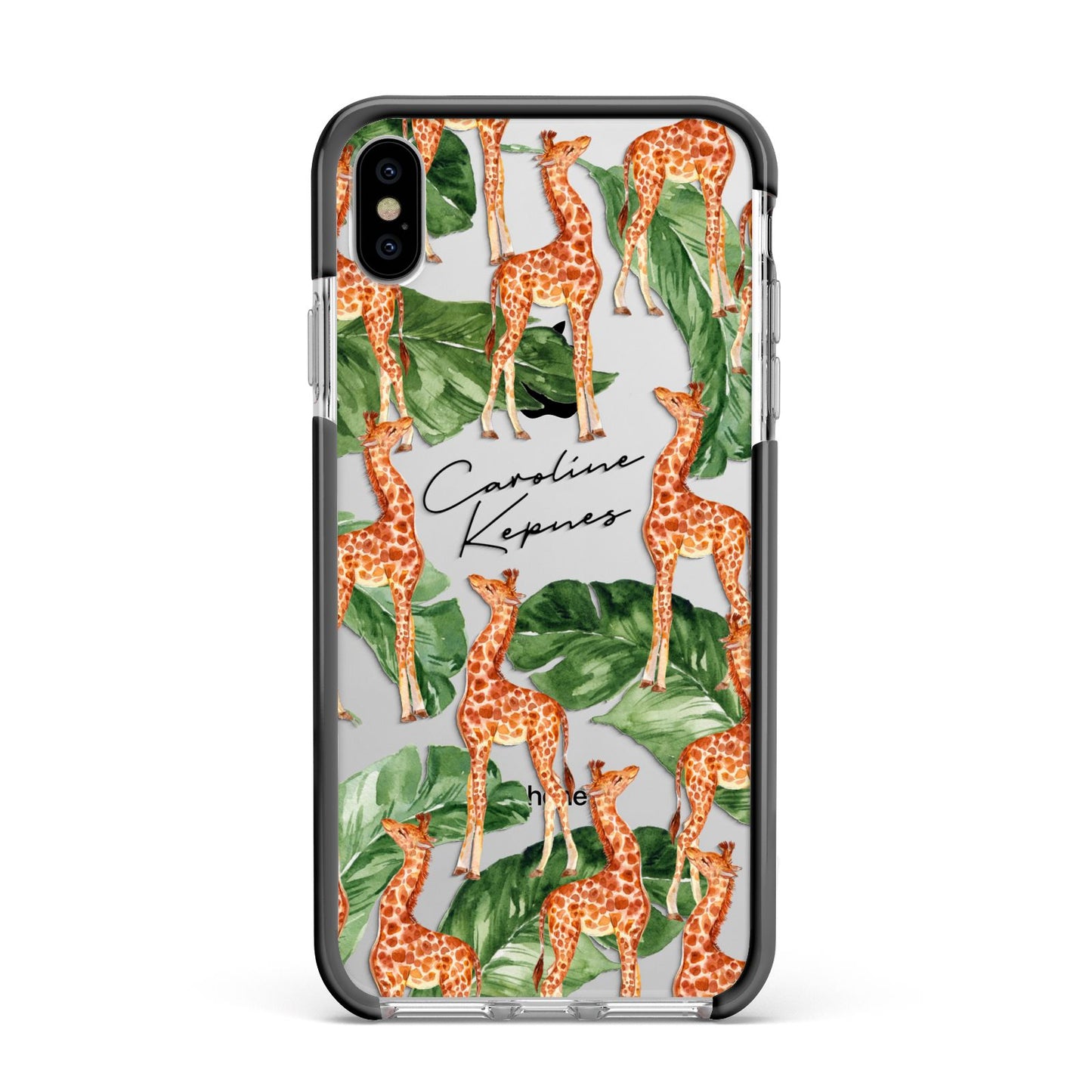 Personalised Giraffes Apple iPhone Xs Max Impact Case Black Edge on Silver Phone