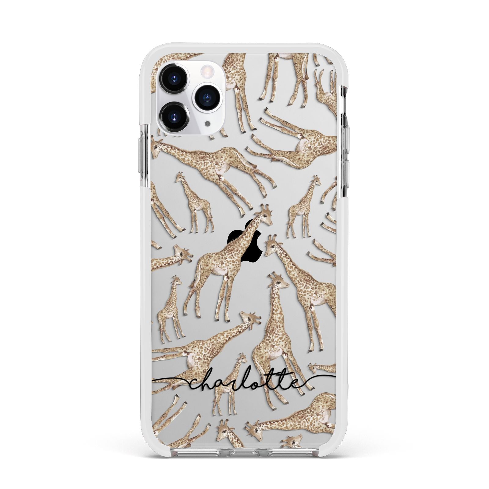 Personalised Giraffes with Name Apple iPhone 11 Pro Max in Silver with White Impact Case