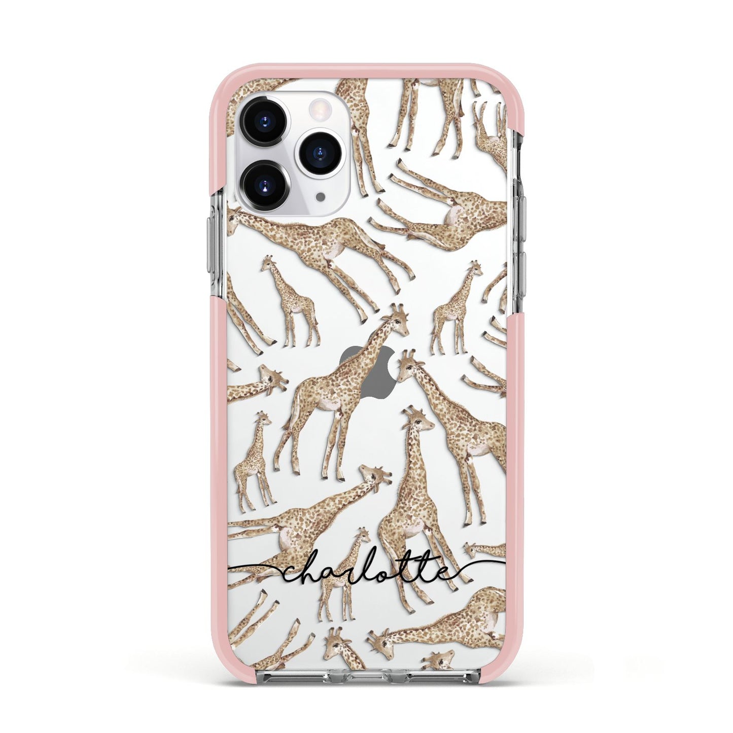 Personalised Giraffes with Name Apple iPhone 11 Pro in Silver with Pink Impact Case