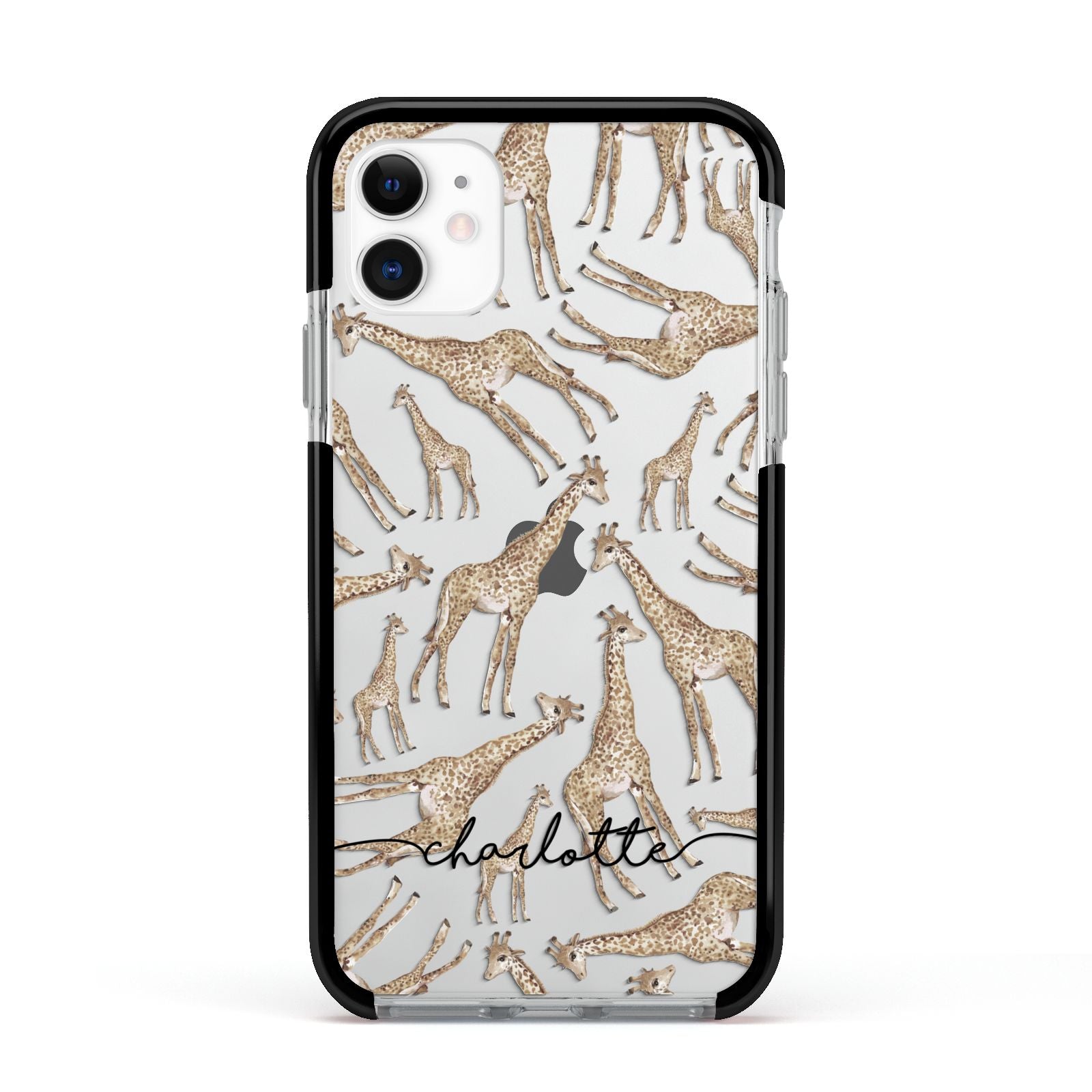Personalised Giraffes with Name Apple iPhone 11 in White with Black Impact Case