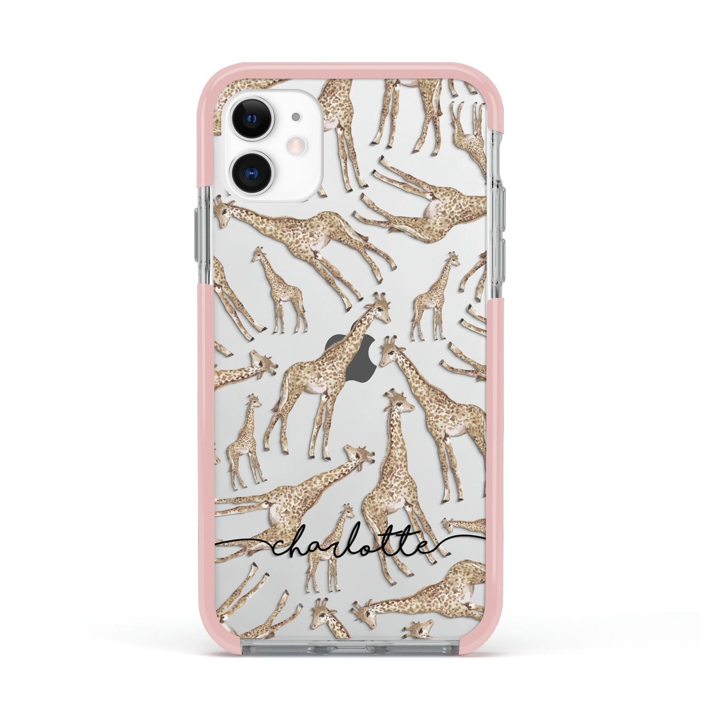 Personalised Giraffes with Name Apple iPhone 11 in White with Pink Impact Case