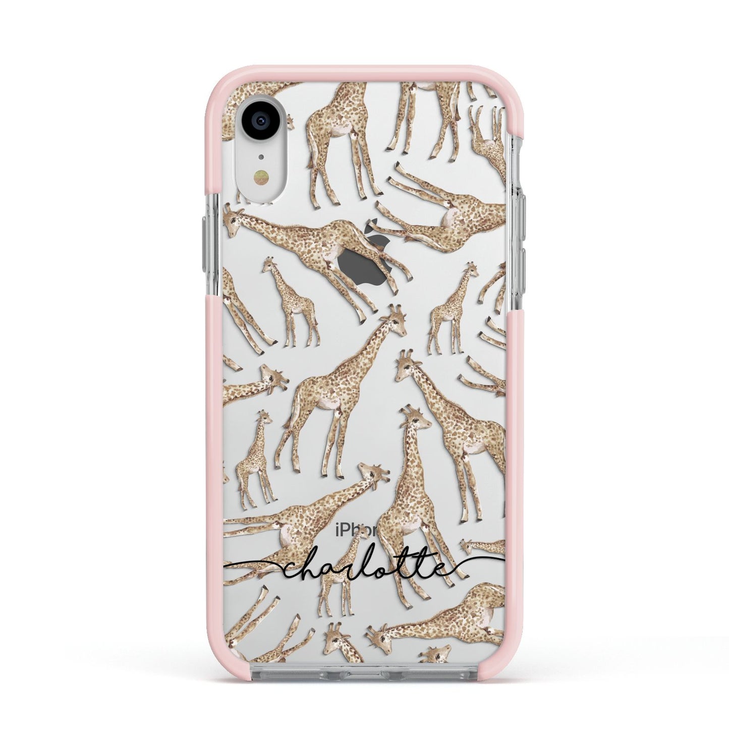 Personalised Giraffes with Name Apple iPhone XR Impact Case Pink Edge on Silver Phone
