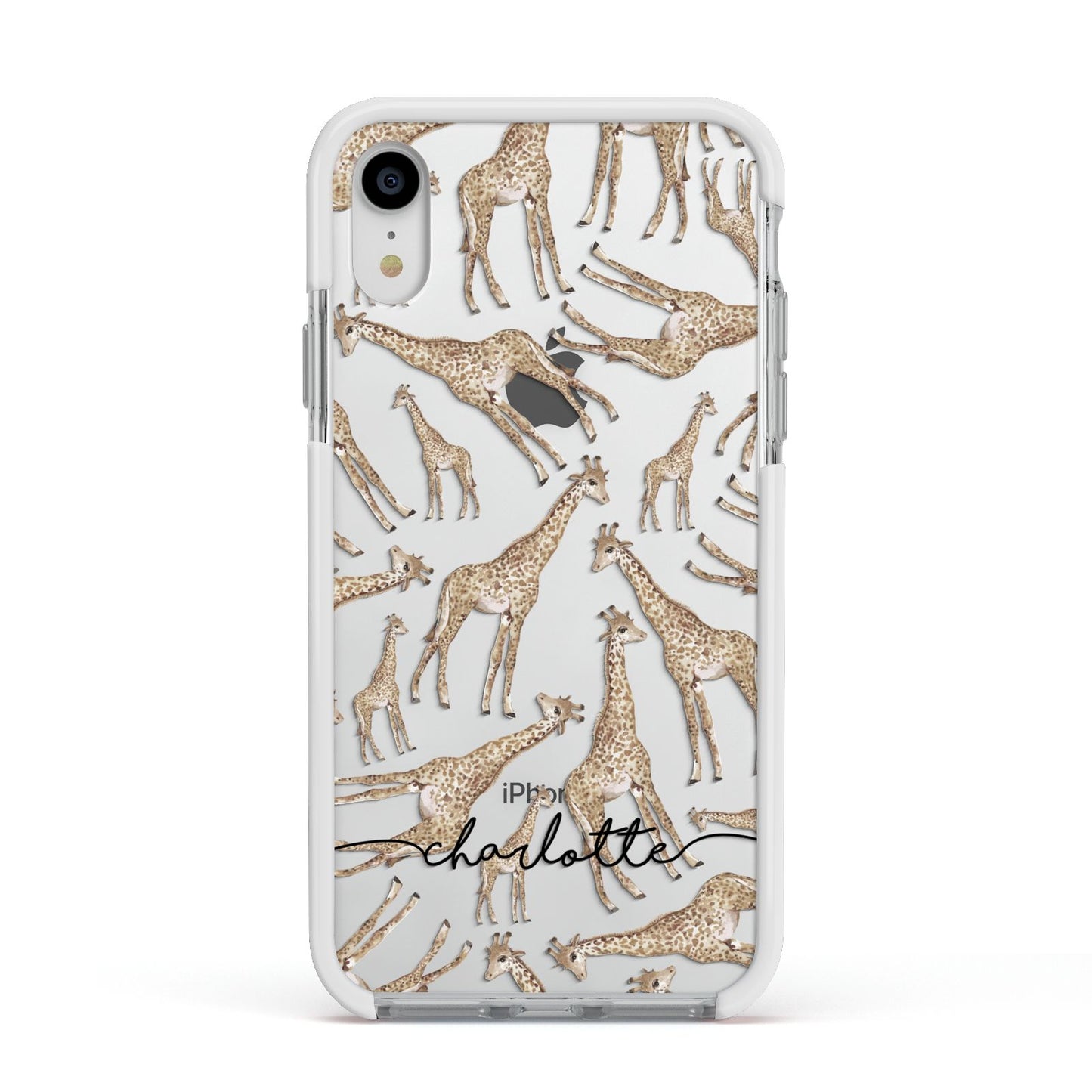 Personalised Giraffes with Name Apple iPhone XR Impact Case White Edge on Silver Phone