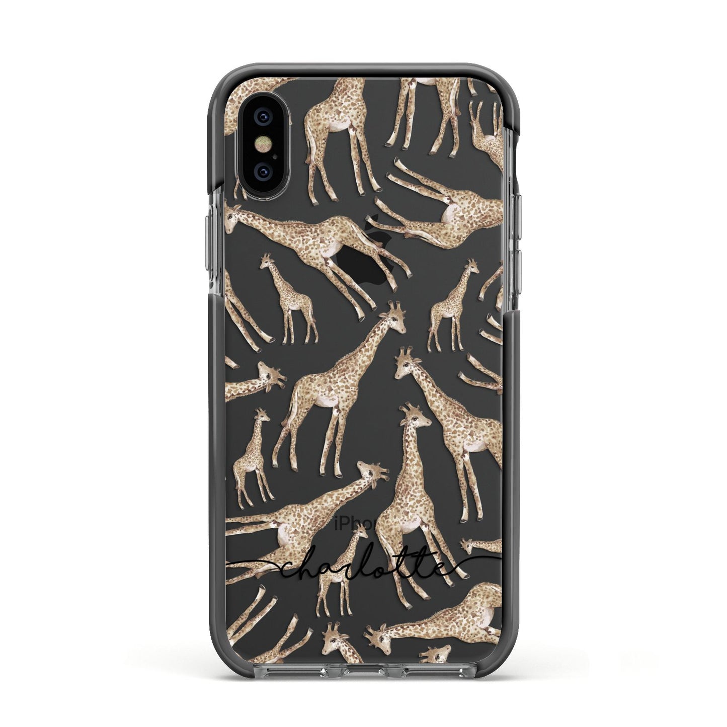 Personalised Giraffes with Name Apple iPhone Xs Impact Case Black Edge on Black Phone