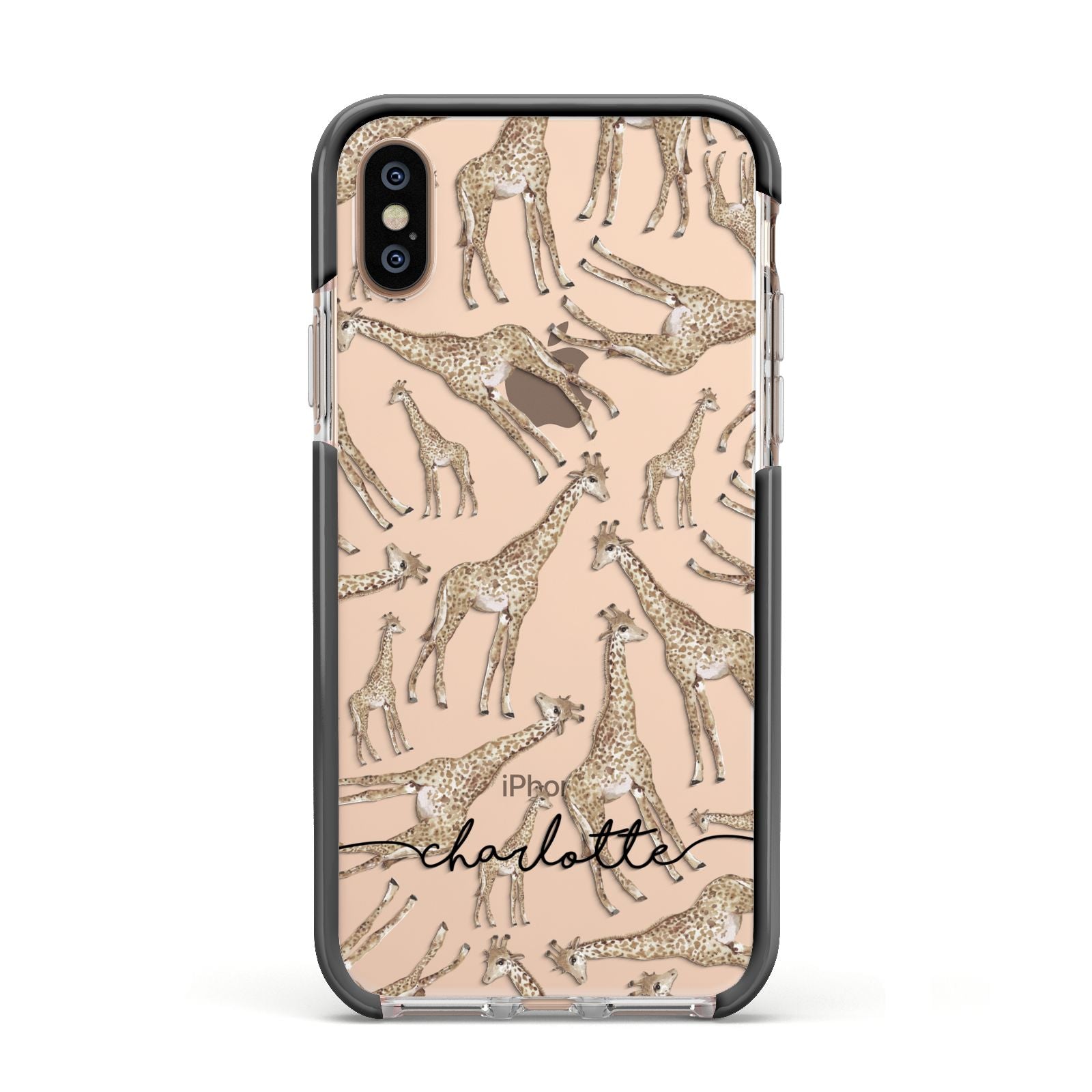 Personalised Giraffes with Name Apple iPhone Xs Impact Case Black Edge on Gold Phone
