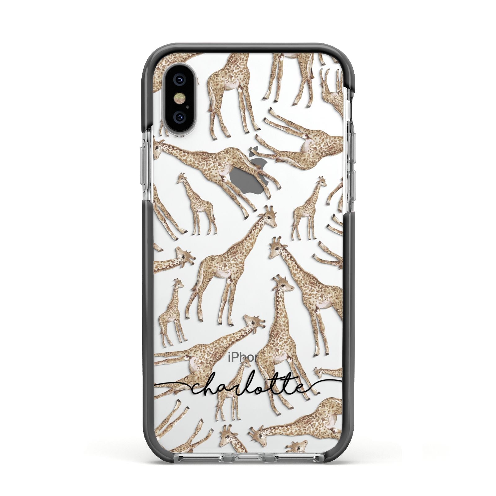 Personalised Giraffes with Name Apple iPhone Xs Impact Case Black Edge on Silver Phone