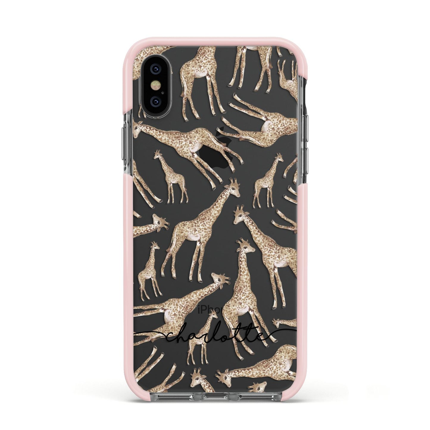 Personalised Giraffes with Name Apple iPhone Xs Impact Case Pink Edge on Black Phone