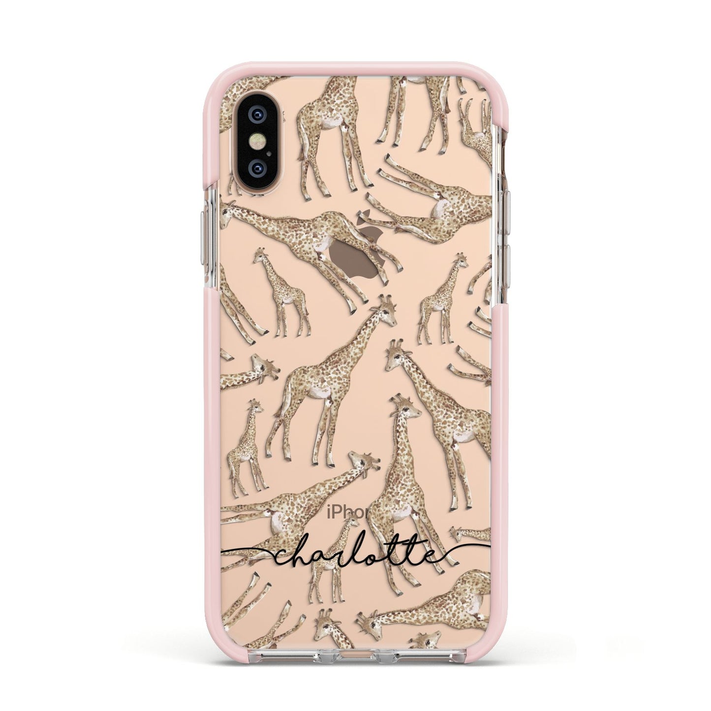 Personalised Giraffes with Name Apple iPhone Xs Impact Case Pink Edge on Gold Phone