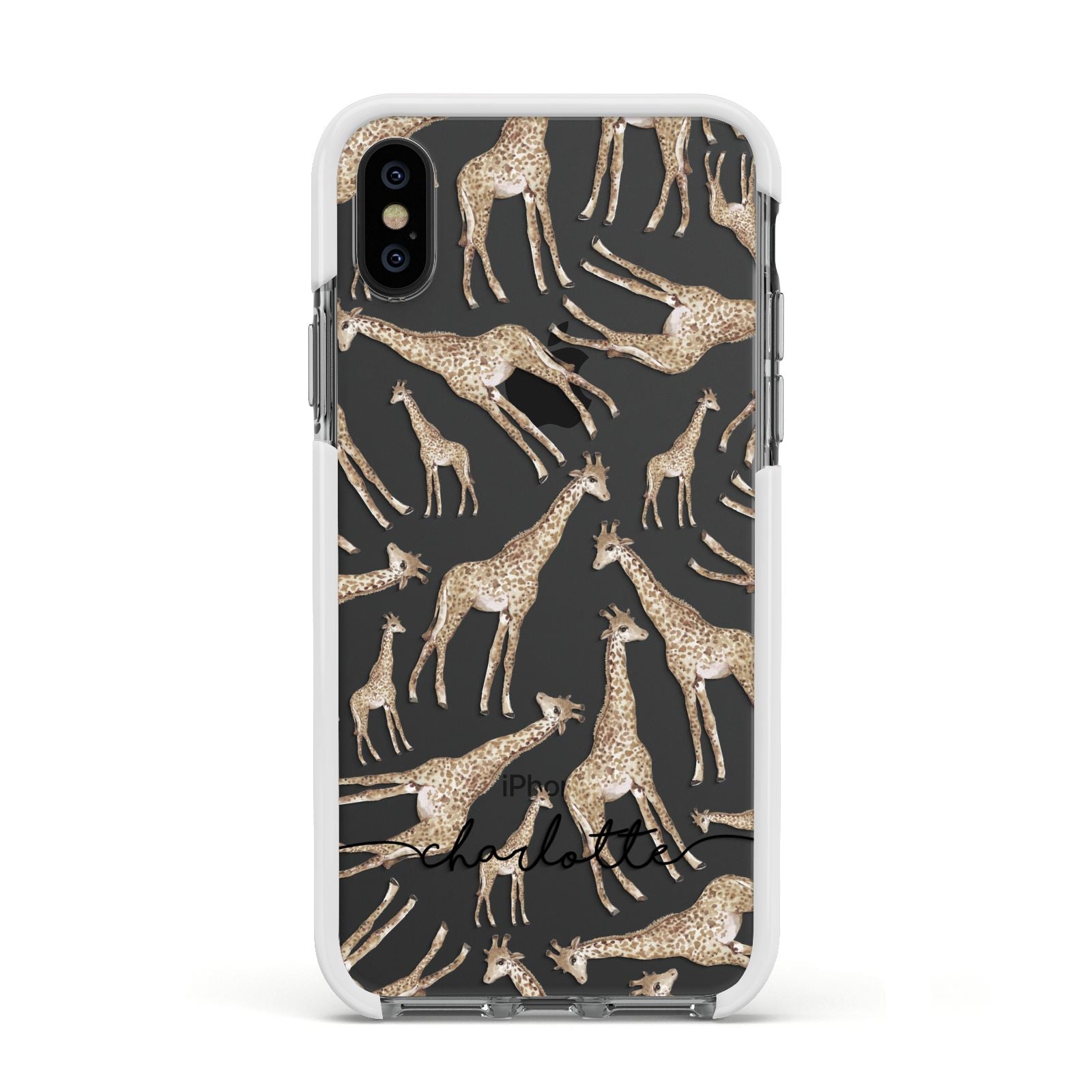 Personalised Giraffes with Name Apple iPhone Xs Impact Case White Edge on Black Phone